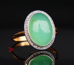 Antiguo Anillo Alemán halo Calcedonia Verde natural Diamantes Oro 18K Ø 9,25/5,32g