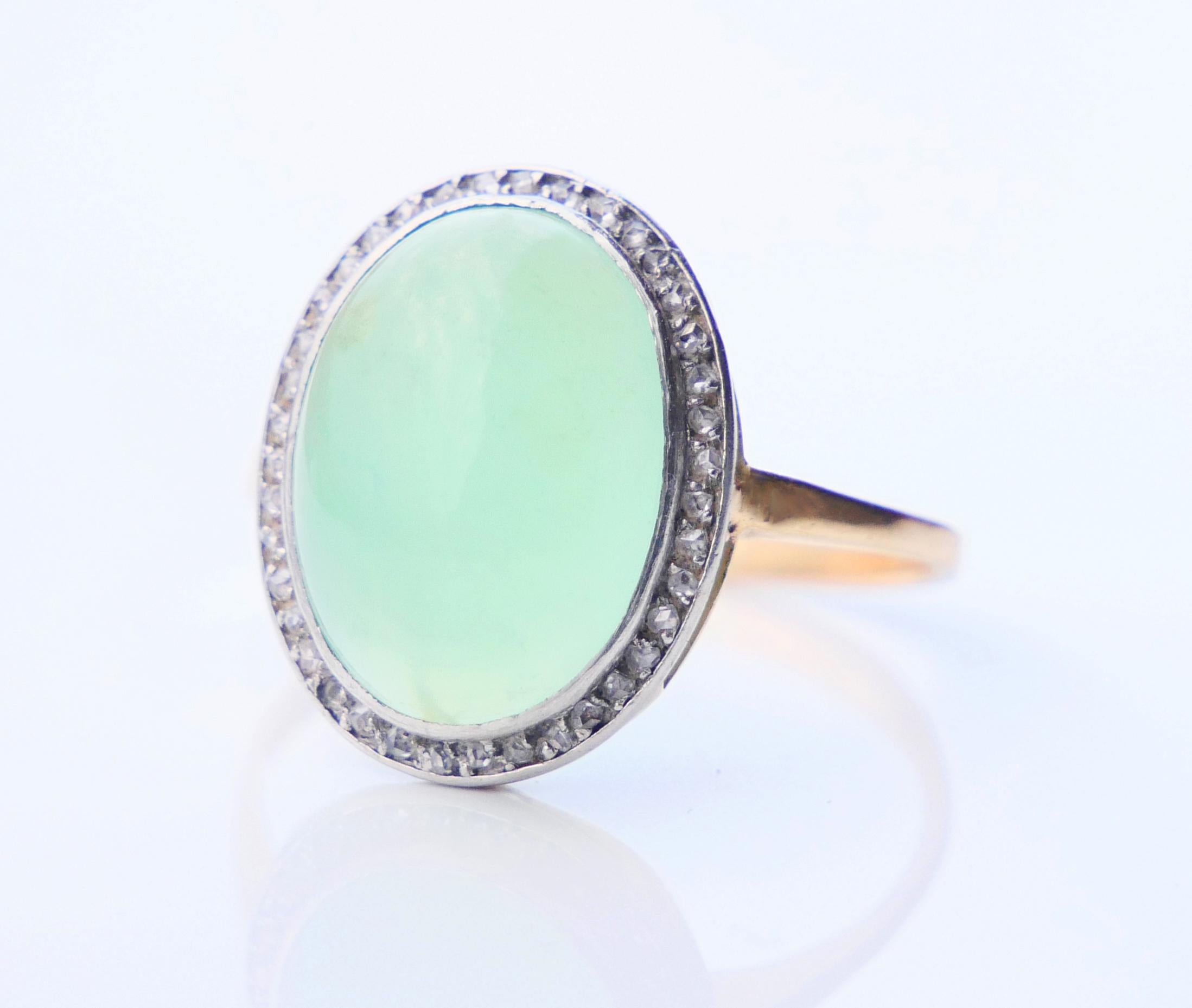 Antique German halo Ring natural Green Chalcedony Diamonds 18K Gold Ø 9.25/5.32g For Sale 2