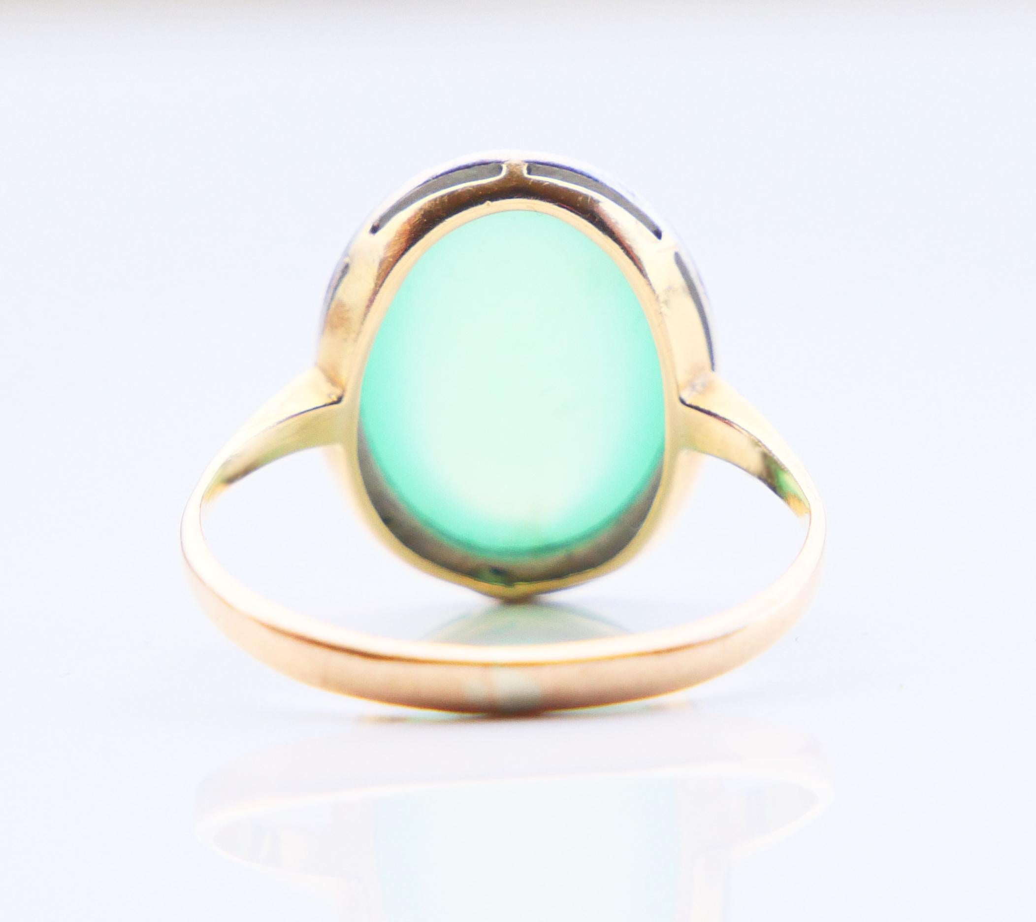 Antique German halo Ring natural Green Chalcedony Diamonds 18K Gold Ø 9.25/5.32g For Sale 3
