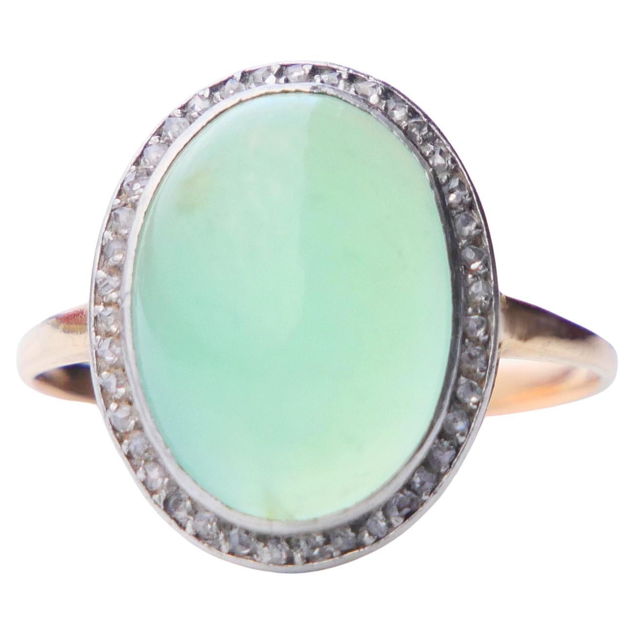 Antique German halo Ring natural Green Chalcedony Diamonds 18K Gold Ø 9.25/5.32g For Sale