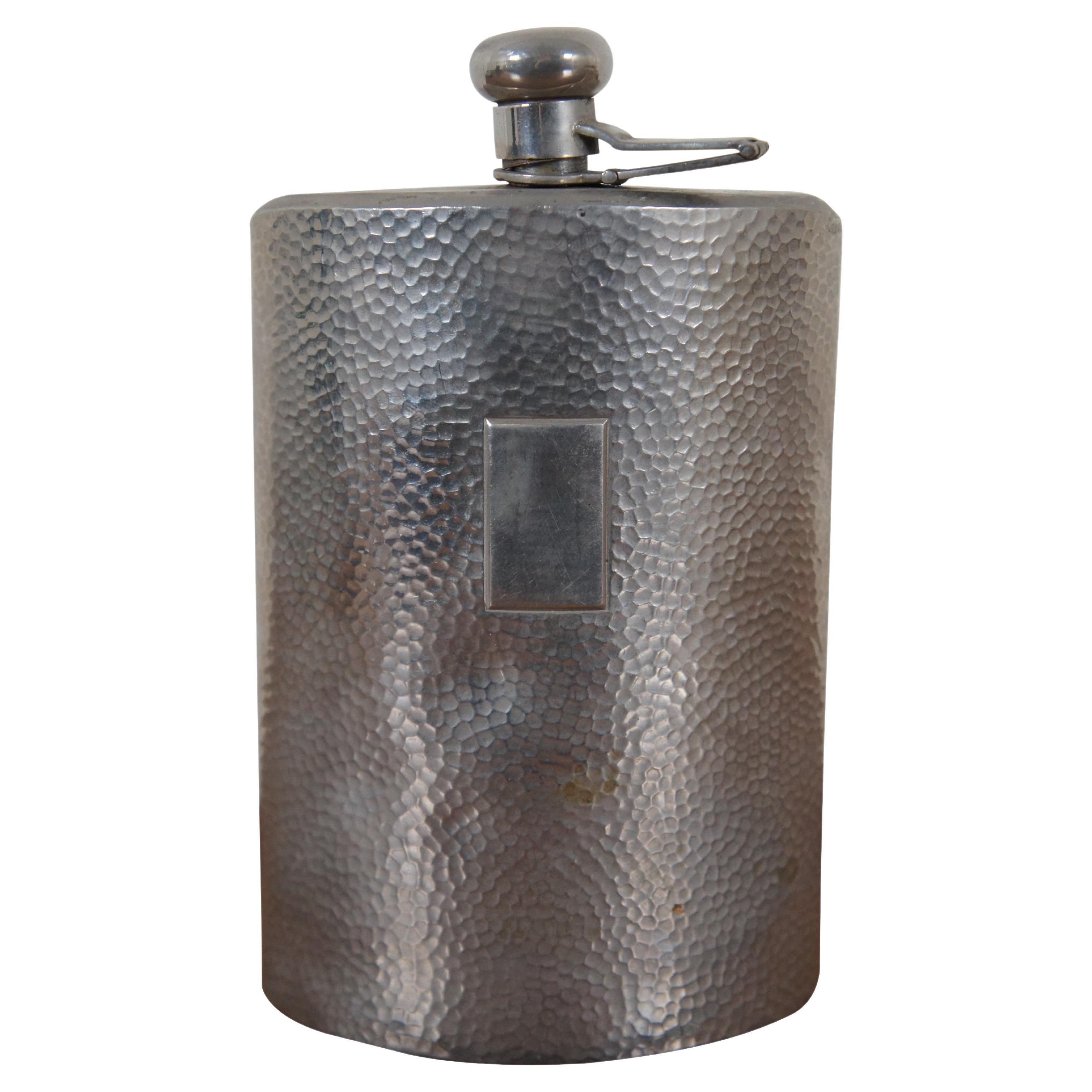 Antique German Hammered Silver Plate Whiskey Liquor Hip Flask 6.5"
