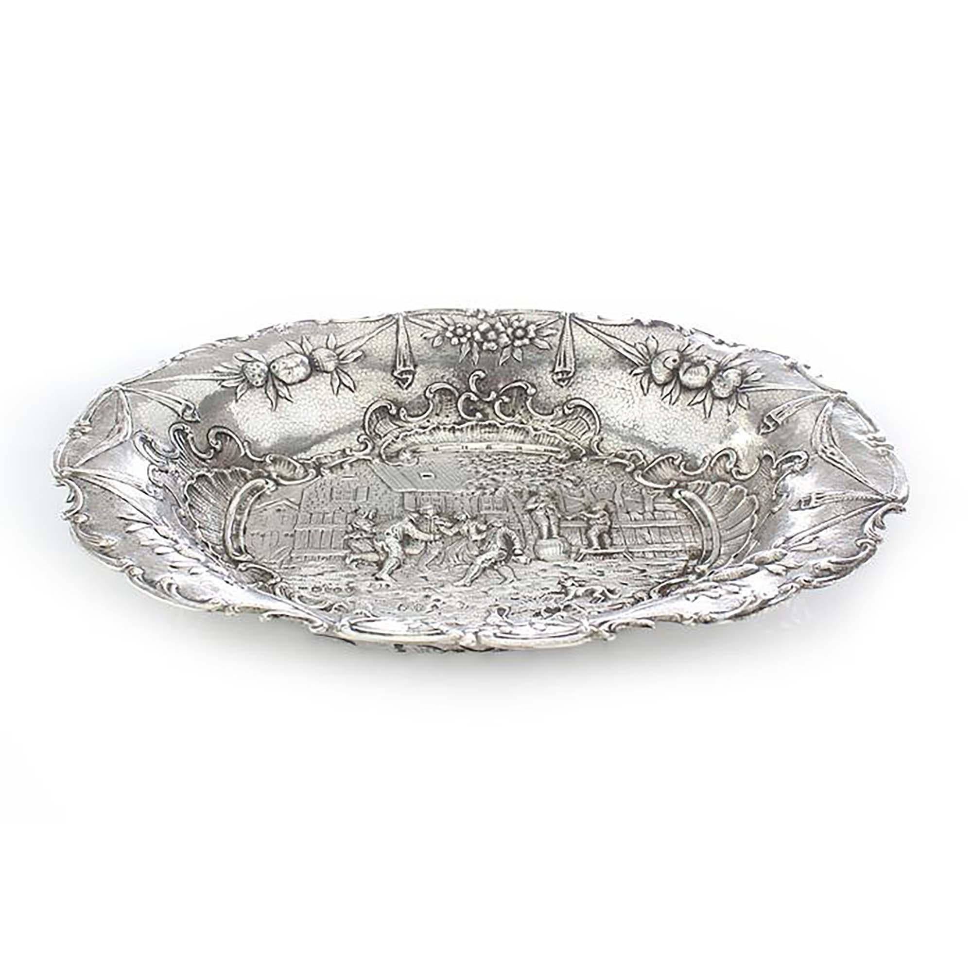 Antique German Hanau Silver Dish with David Teniers Style Engravings In Good Condition For Sale In Braintree, GB