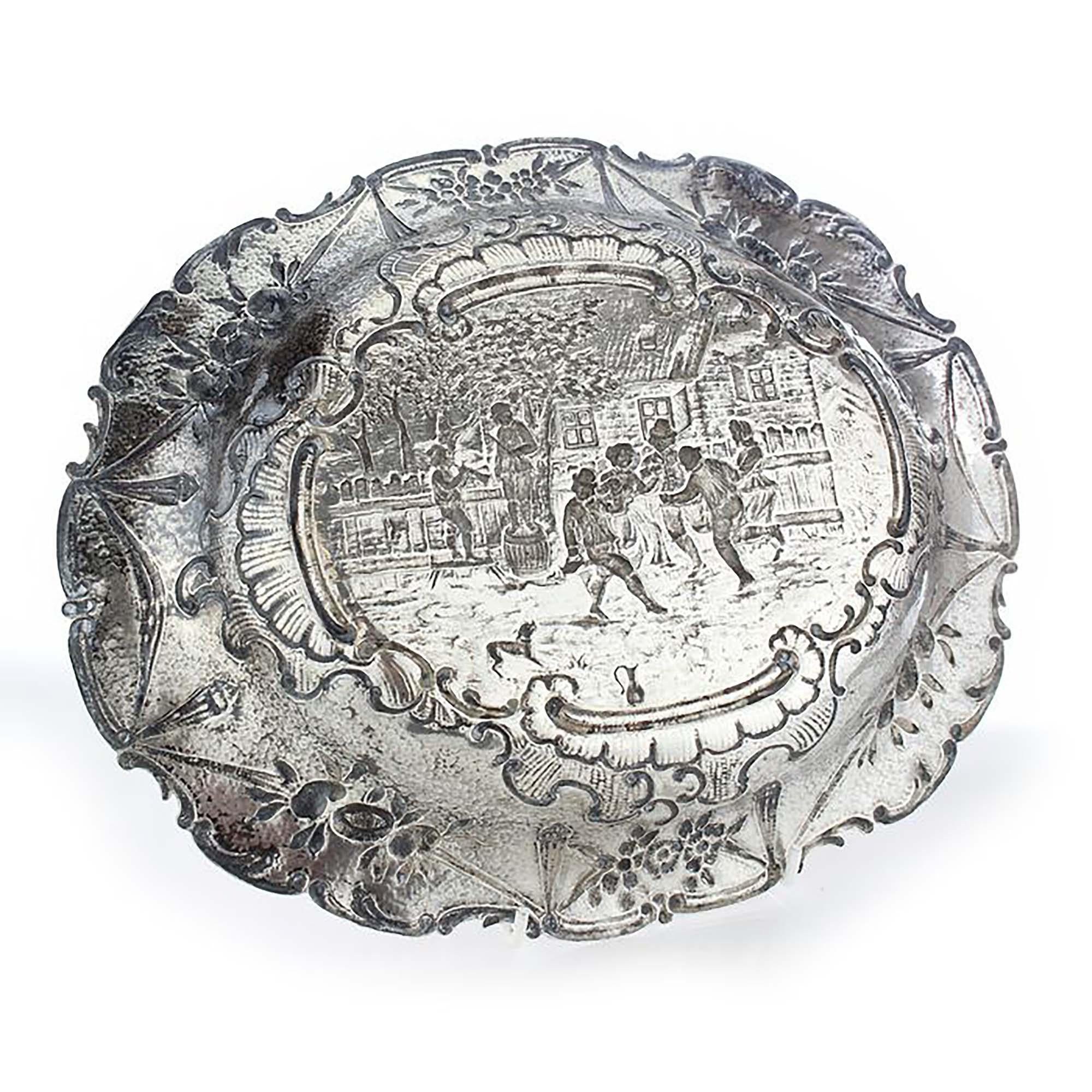 Late 19th Century Antique German Hanau Silver Dish with David Teniers Style Engravings For Sale