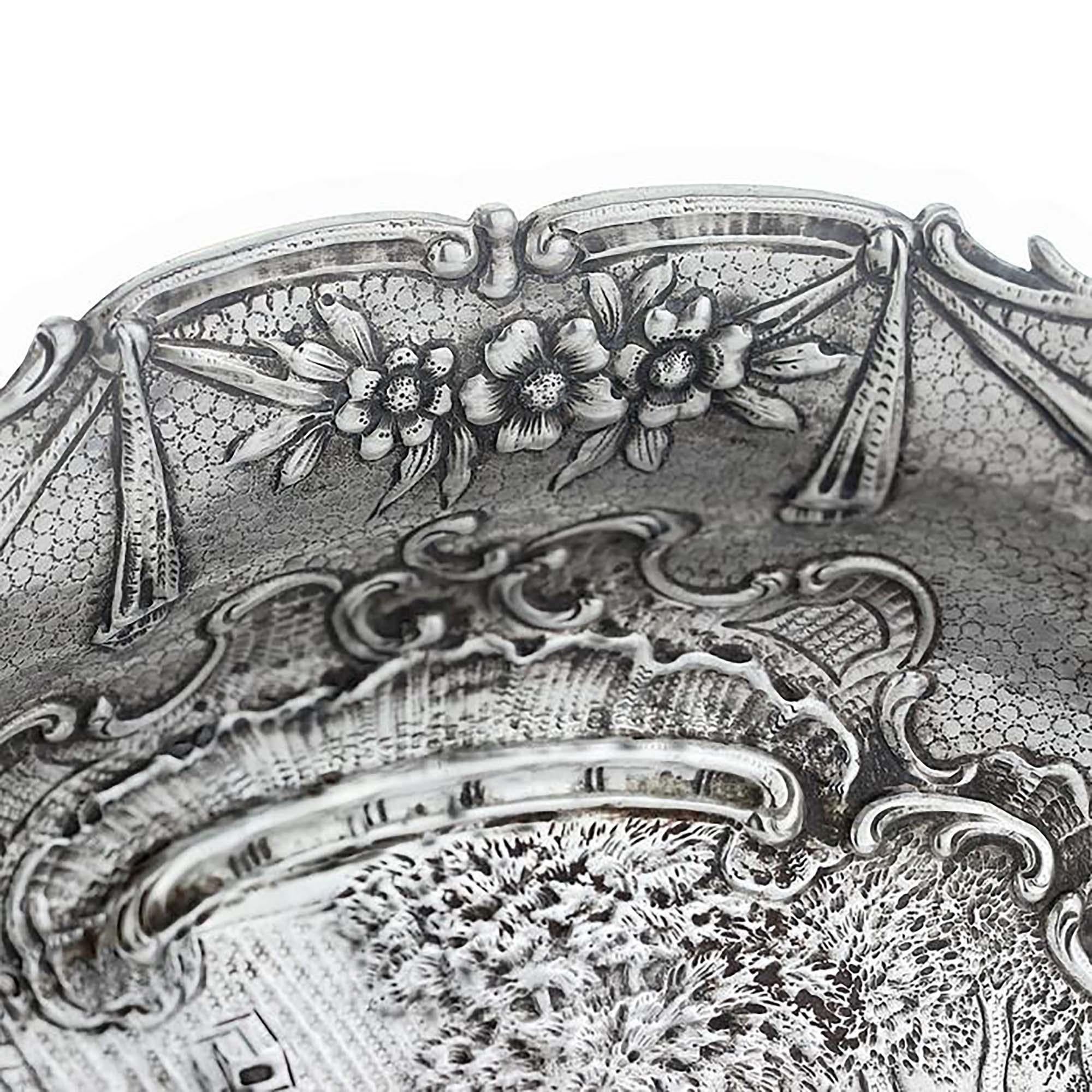 Antique German Hanau Silver Dish with David Teniers Style Engravings For Sale 1