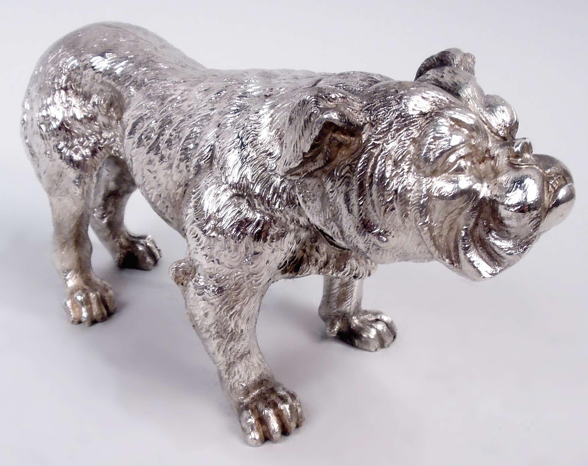 Cassaforte per fiammiferi con cane figurato in argento fuso tedesco. Importato in Inghilterra nel 1912 da Richard Lang. Un bulldog con le spalle ingobbite e le zampe massicce sta in piedi, tutto setole e cedimenti, con la testa spinta in avanti. La