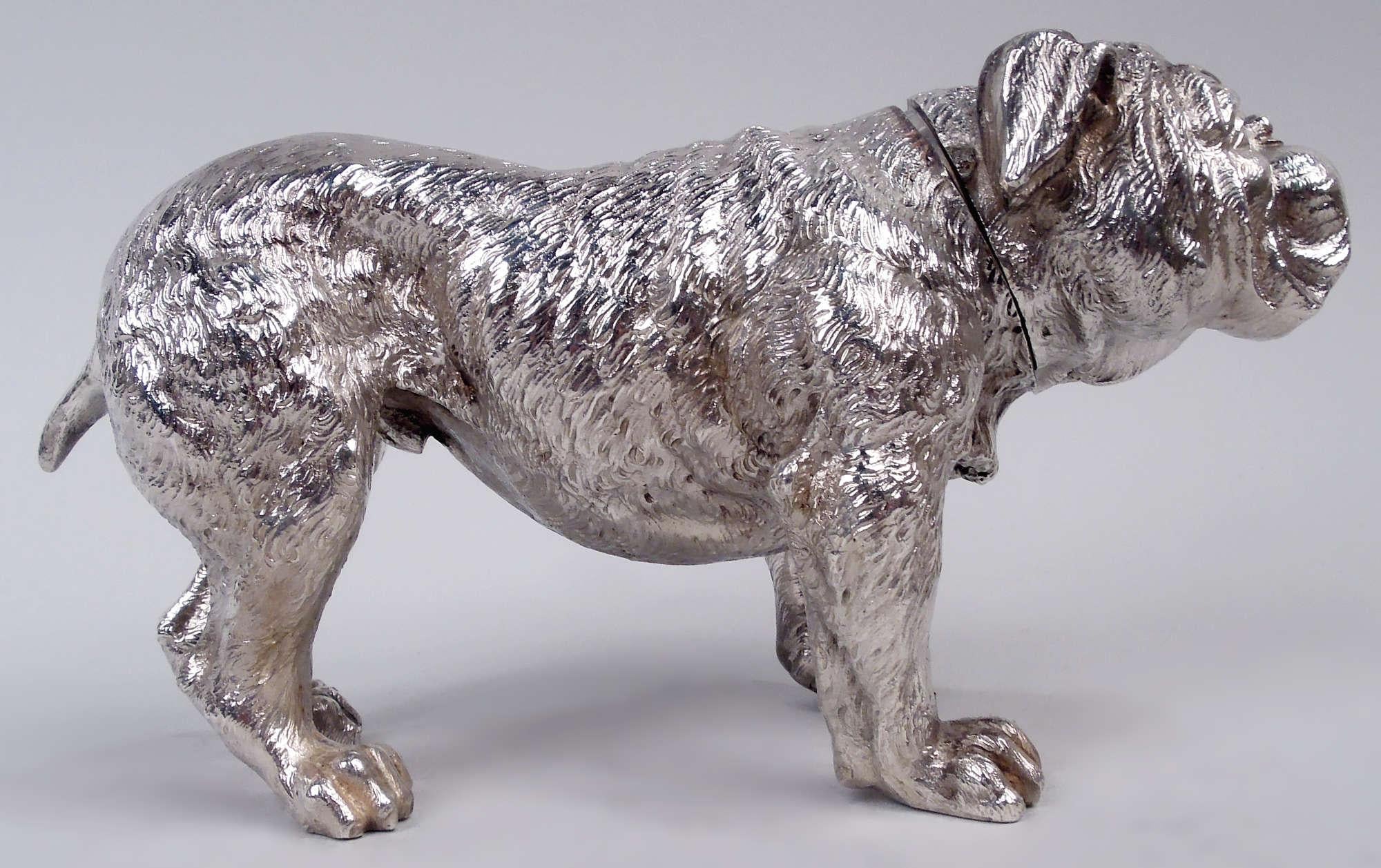 Edoardiano Antica cassaforte per fiammiferi tedesca Hanau Silver Figural Bulldog in vendita