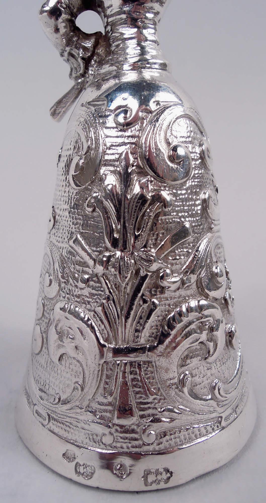 Antique German Hanau Silver Rococo Jungfrau Belle Bell (Silber) im Angebot
