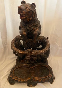 Antique German Hand-Carved Black Forest Wood Bear & Cubs Umbrella Stand Ca 1890