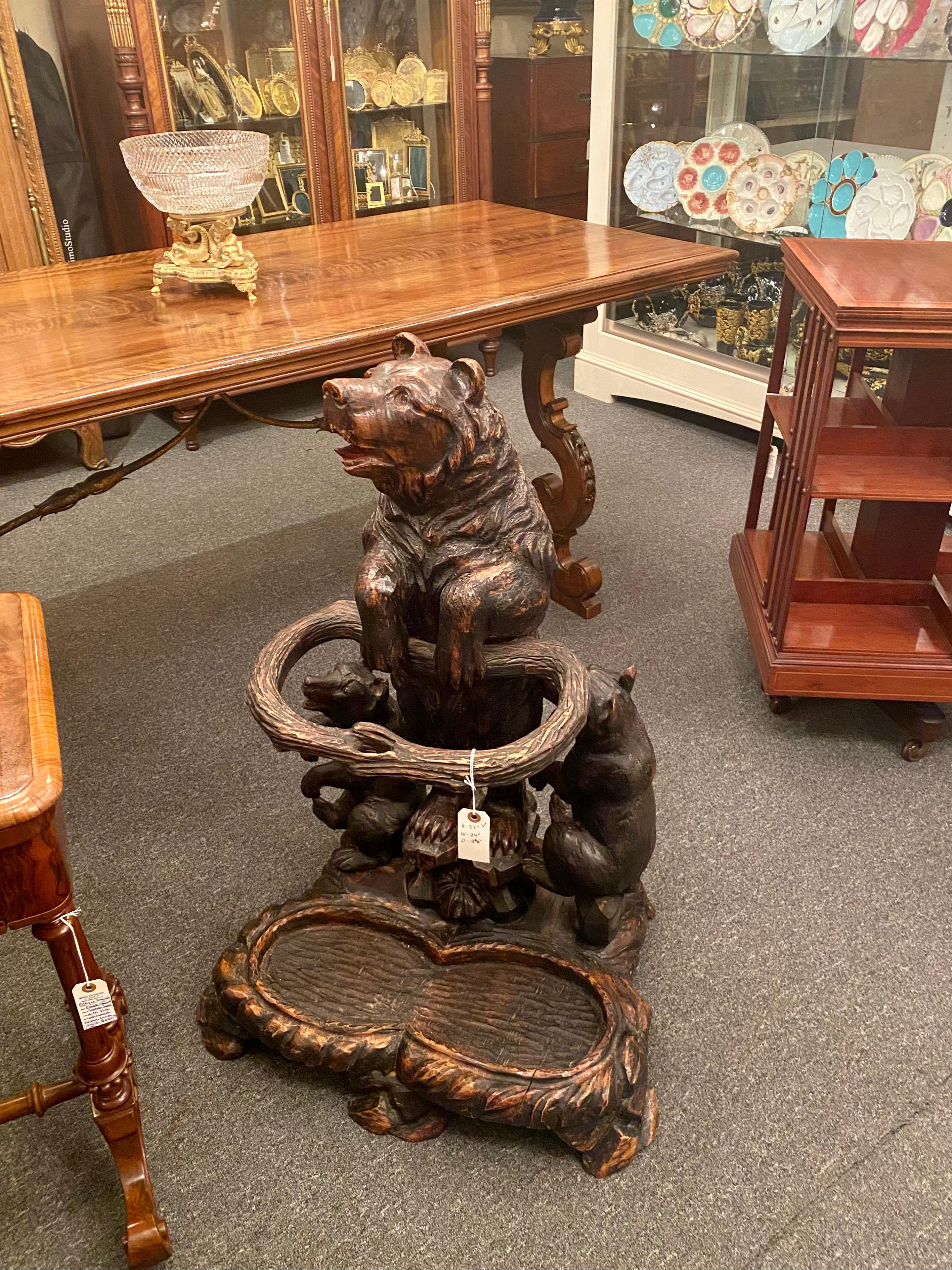 19th Century Antique German Hand-Carved Black Forest Wood Bear & Cubs Umbrella Stand Ca 1890 For Sale