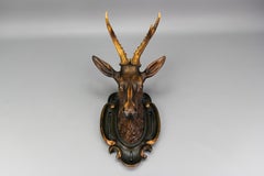Antique German Hand Carved Wooden Deer Head on Carved Wall Plaque, 19th Century