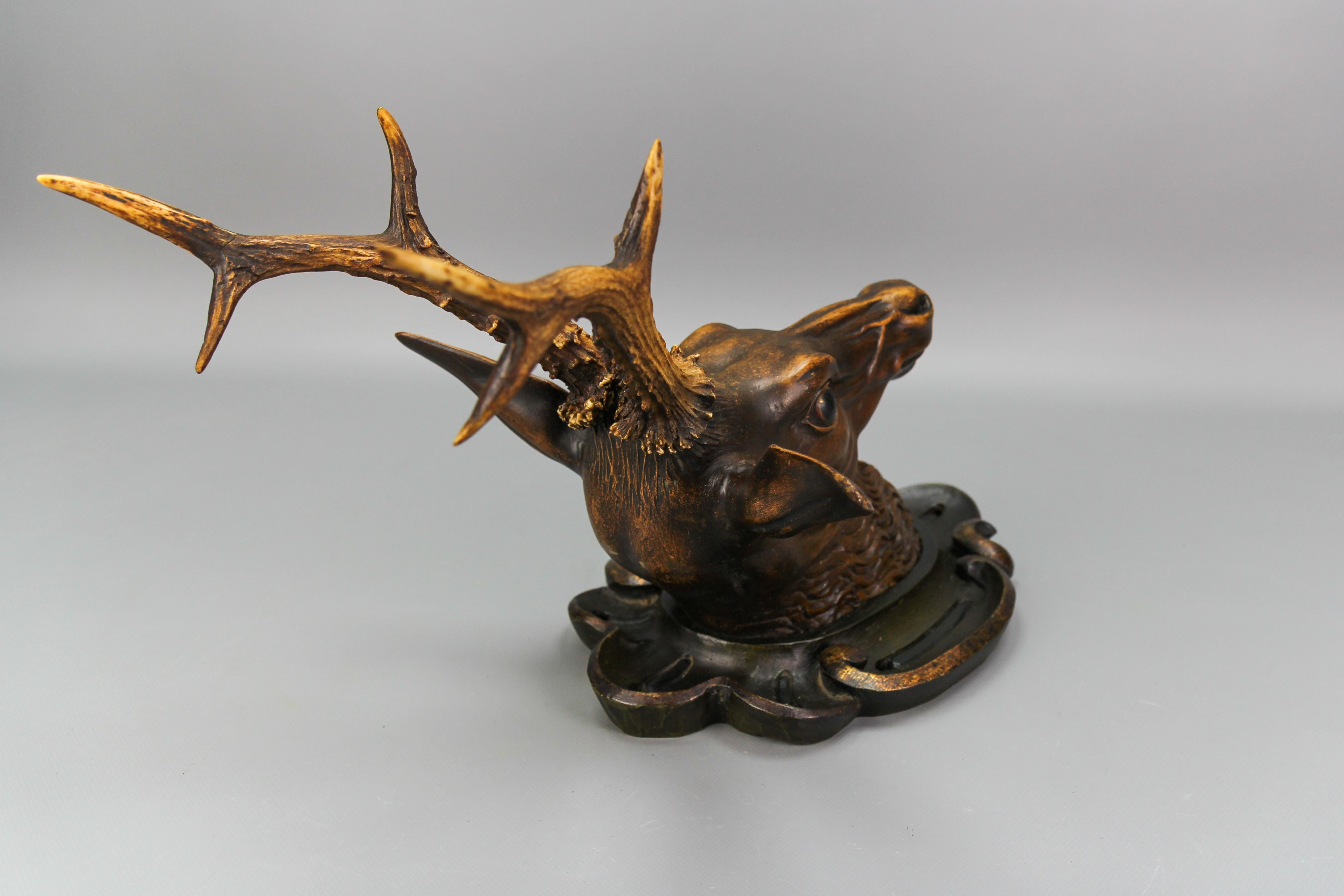 Hand-Carved Antique German Hand Carved Wooden Deer Head on Carved Wall Plaque, 19th Century For Sale