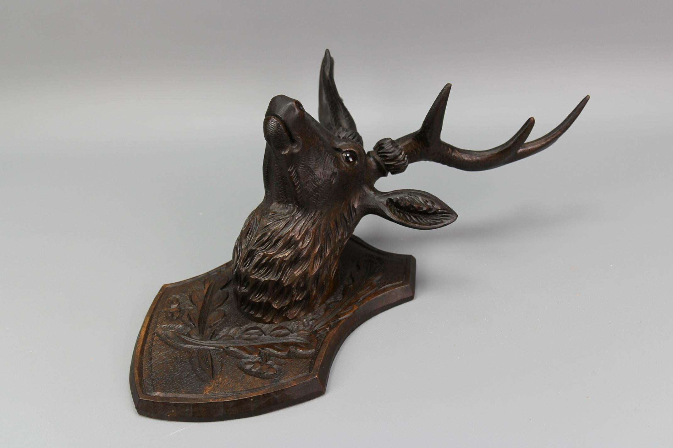 Antique German Hand Carved Wooden Deer Head with Glass Eyes, ca. 1920 For Sale 8