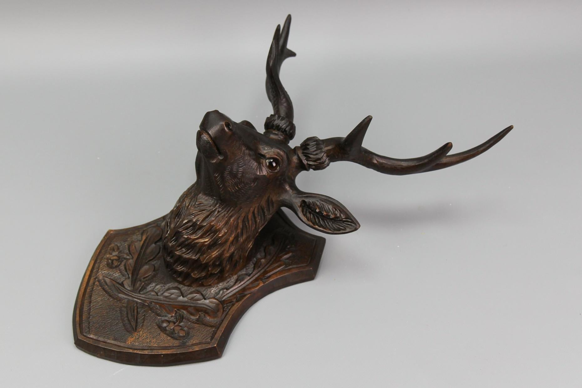 Black Forest Antique German Hand Carved Wooden Deer Head with Glass Eyes, ca. 1920 For Sale