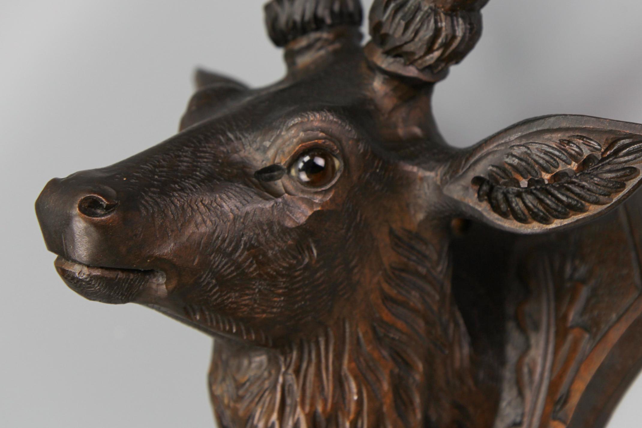 Hand-Carved Antique German Hand Carved Wooden Deer Head with Glass Eyes, ca. 1920 For Sale