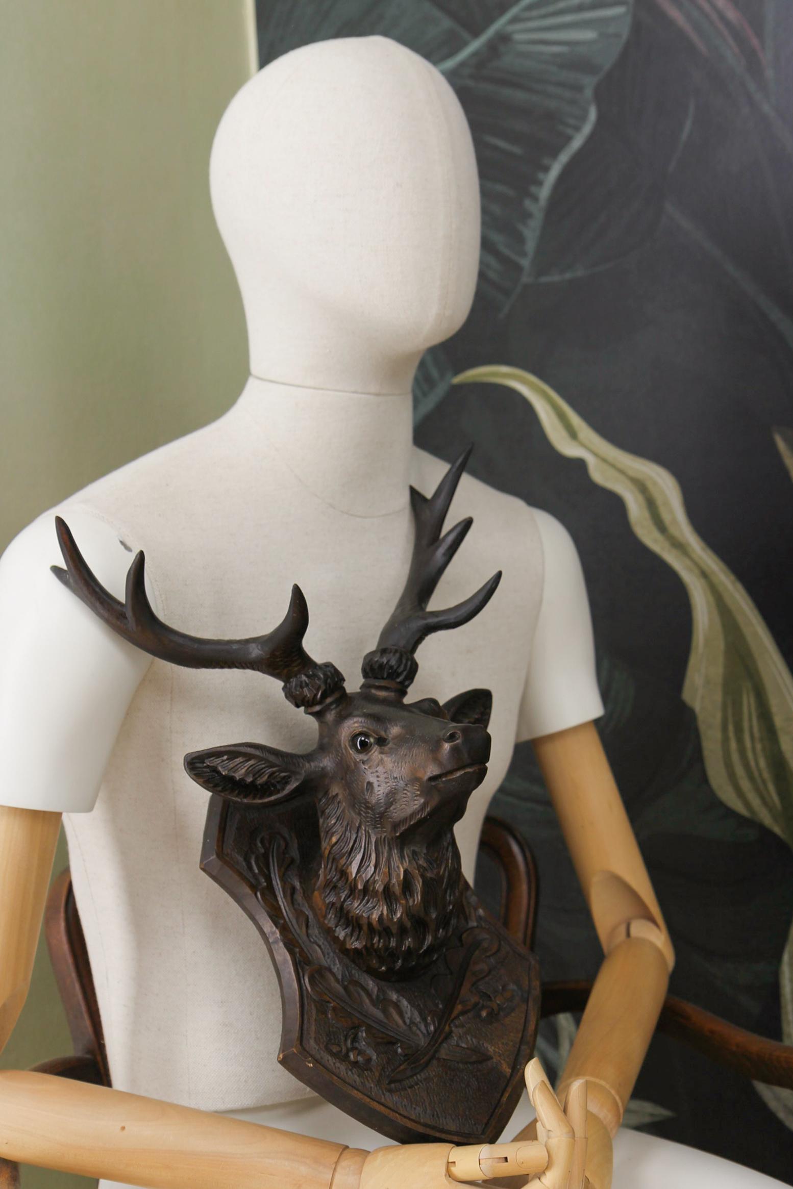 Antique German Hand Carved Wooden Deer Head with Glass Eyes, ca. 1920 For Sale 1
