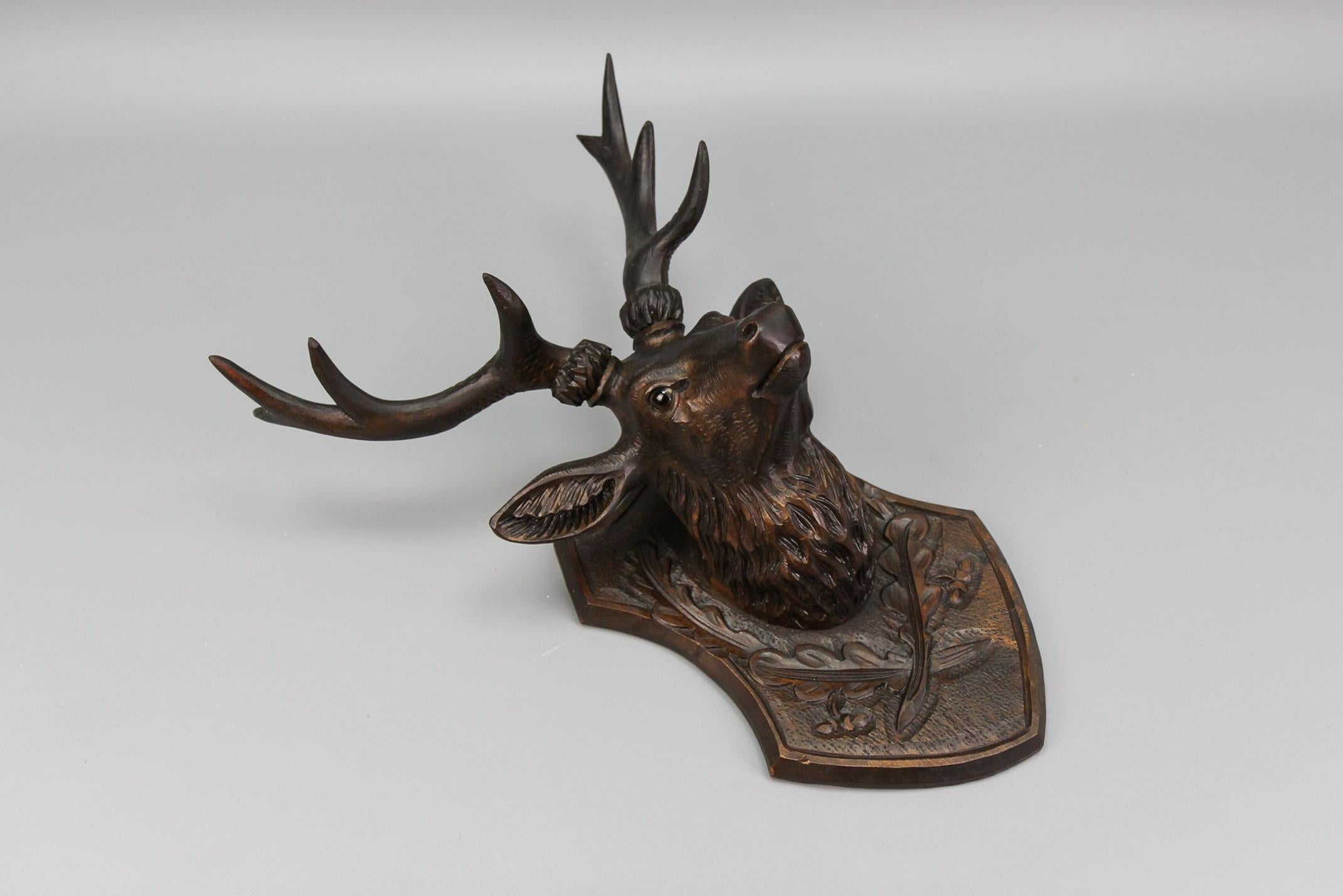 Antique German Hand Carved Wooden Deer Head with Glass Eyes, ca. 1920 For Sale 3