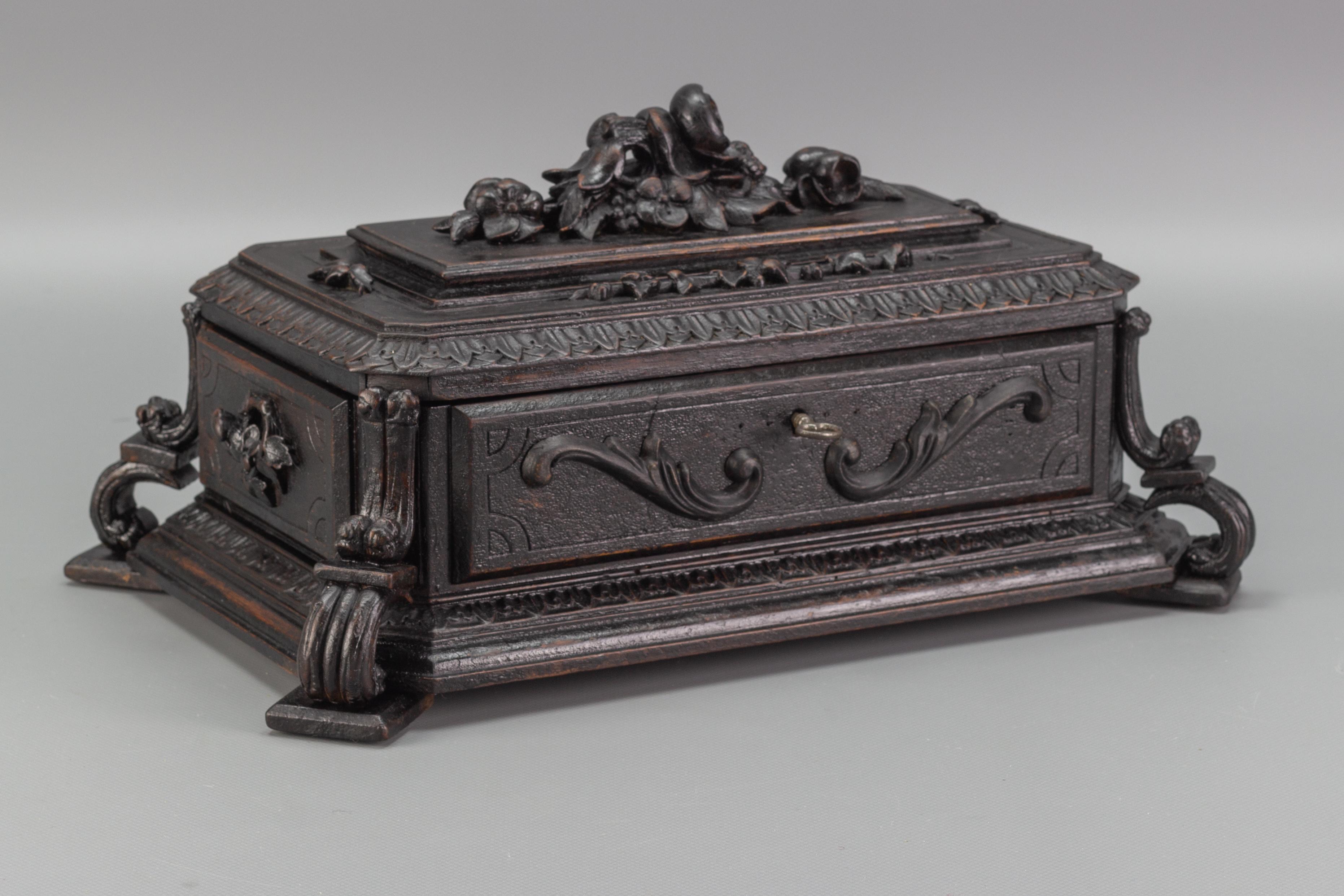 Black Forest Antique German Hand Carved Wooden Jewelry Box, Early 20th Century