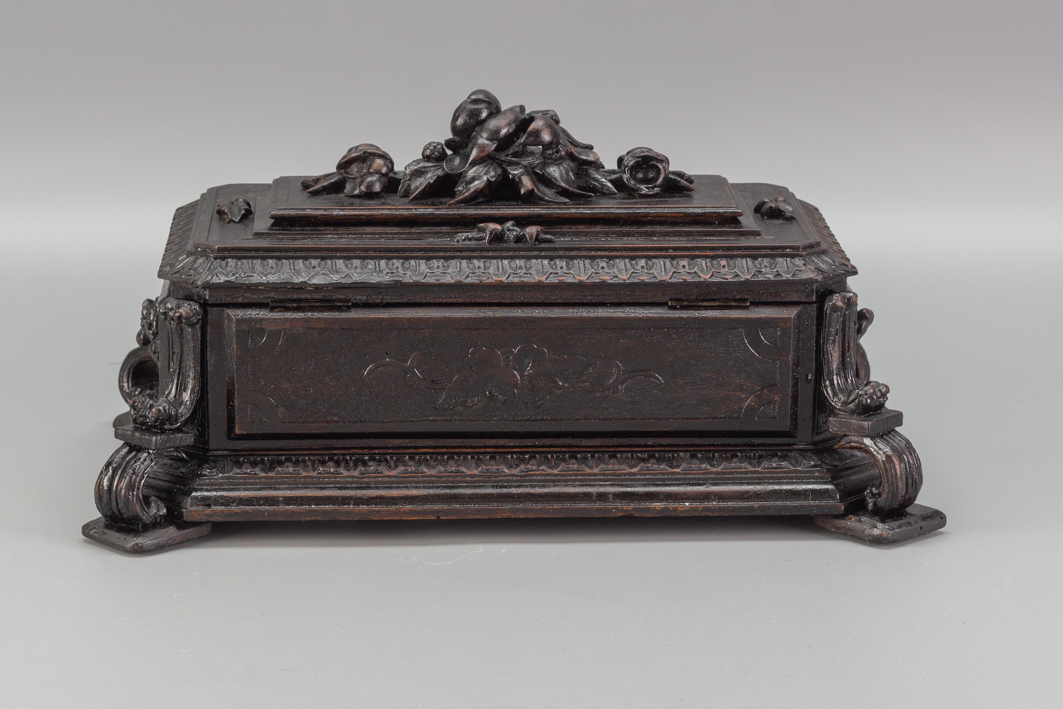 Velvet Antique German Hand Carved Wooden Jewelry Box, Early 20th Century