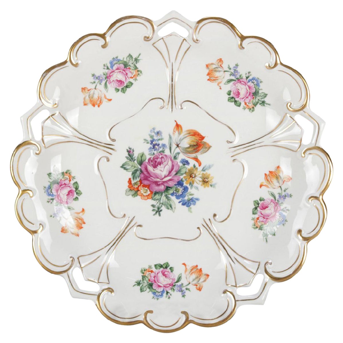 Ancien chargeur floral allemand peint à la main et doré par Henneberg-Porzellan C1920