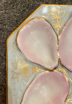 Antique German Hand Painted Blue & Pink Porcelain Shaped Oyster Plate circa 1890