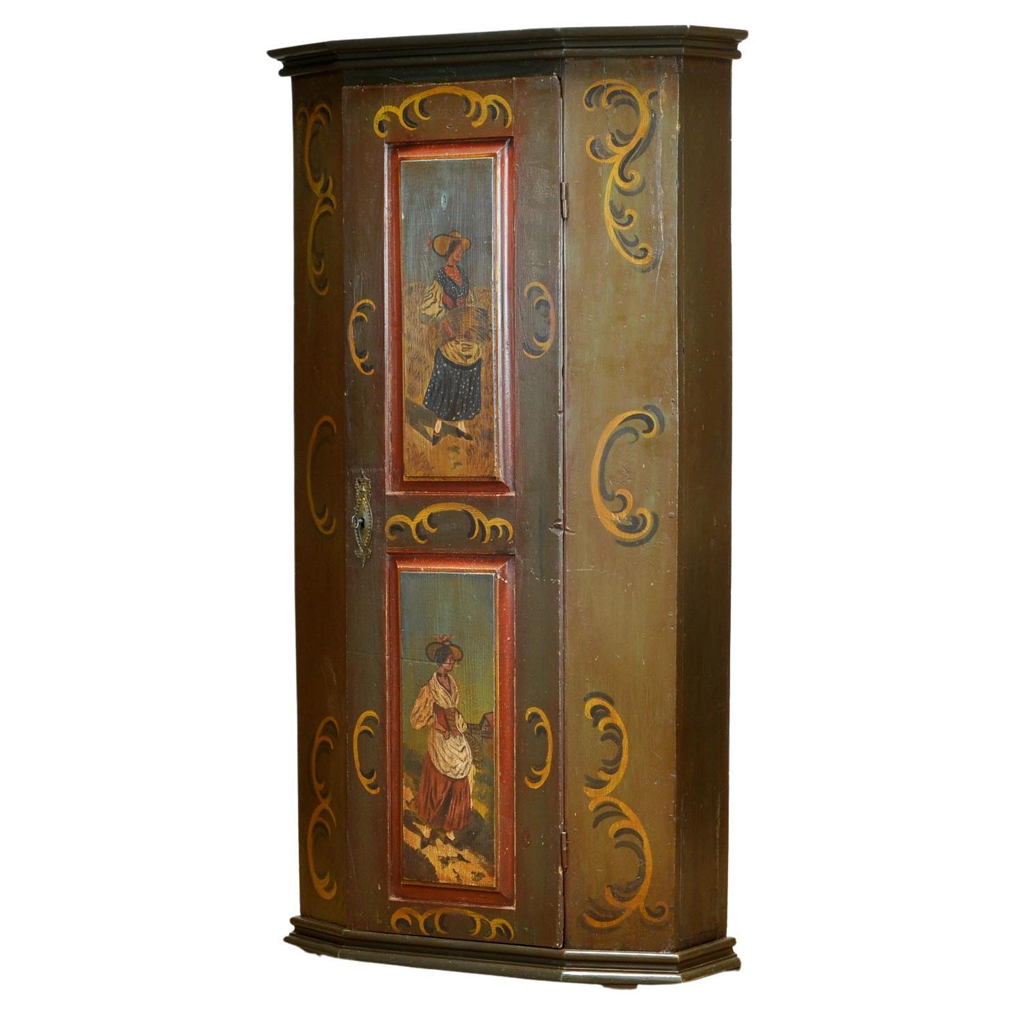 Ancienne armoire allemande peinte à la main, vers 1850