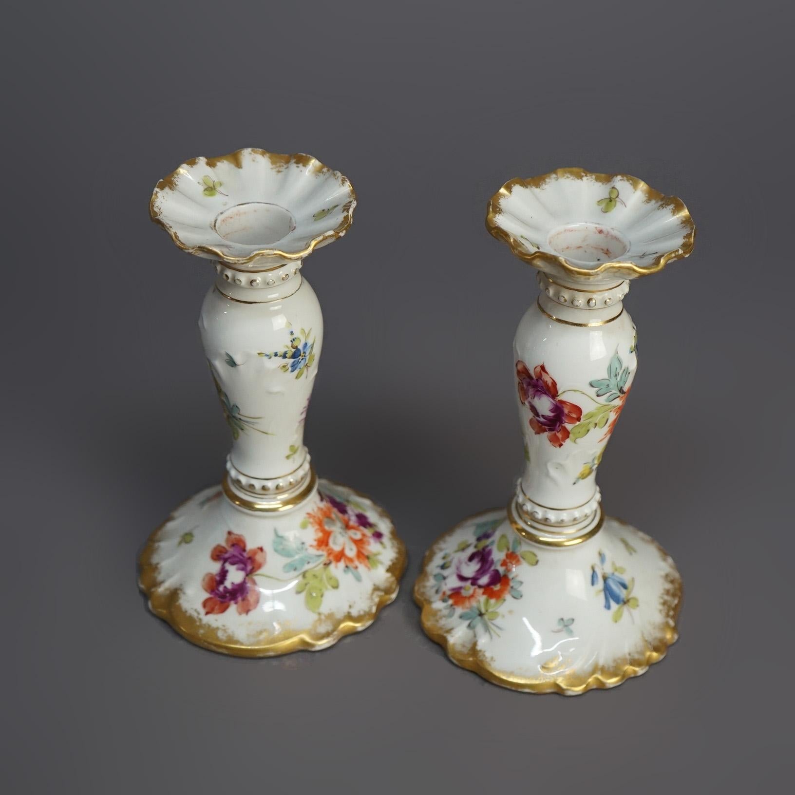 Hand-Painted Antique German Hand Painted & Gilt Floral Porcelain Candlesticks, Berlin C1900 For Sale
