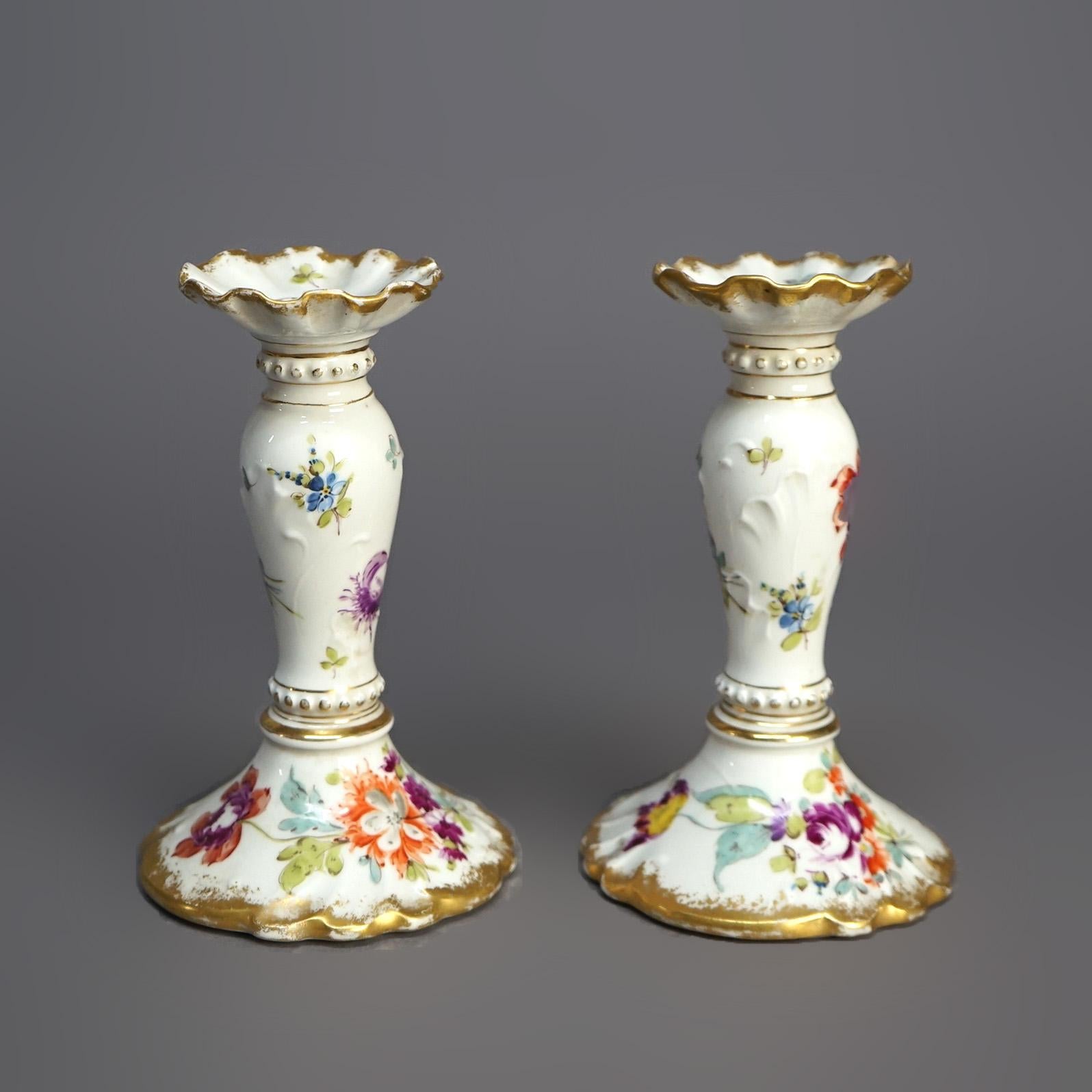 Antique German Hand Painted & Gilt Floral Porcelain Candlesticks, Berlin C1900 In Good Condition For Sale In Big Flats, NY