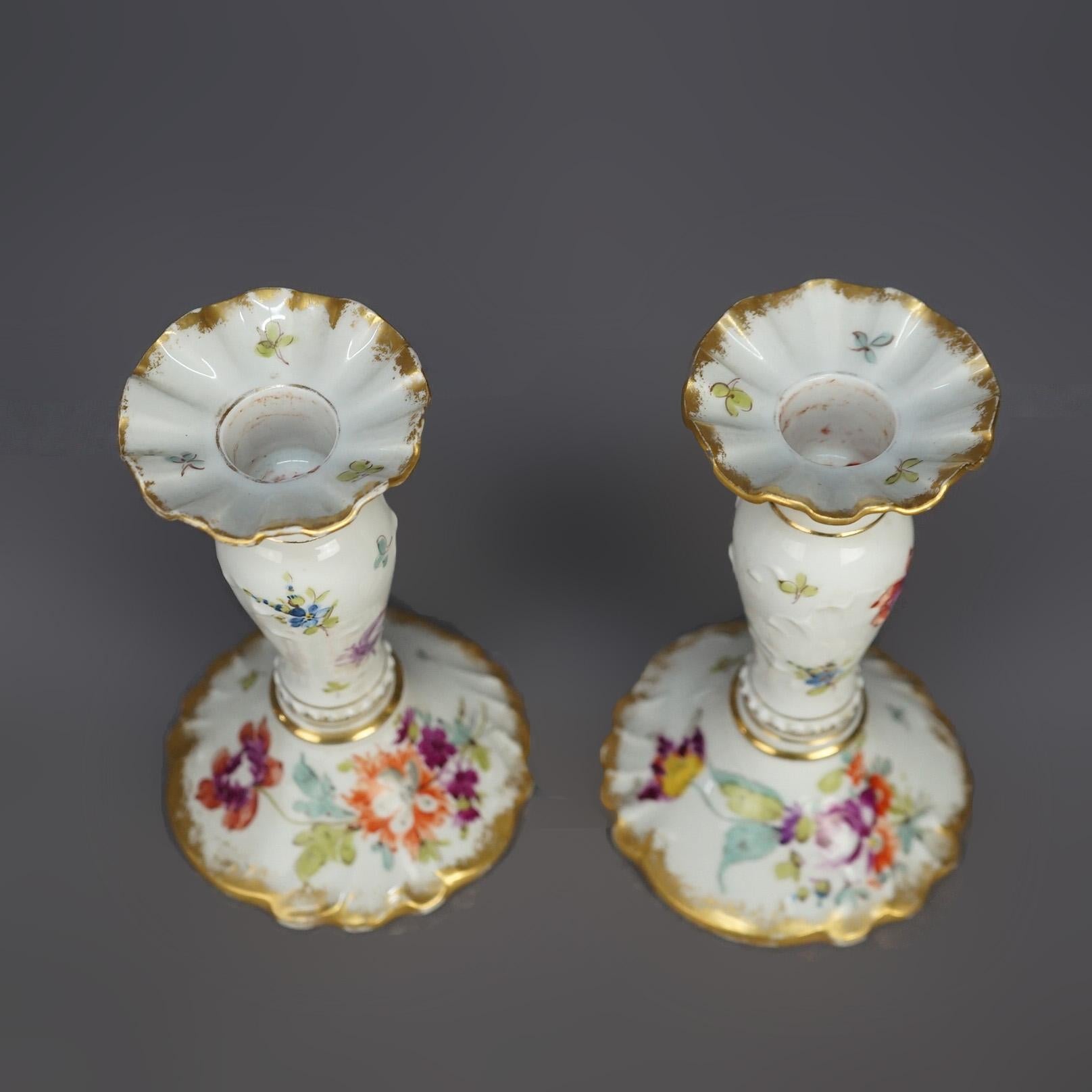 Antique German Hand Painted & Gilt Floral Porcelain Candlesticks, Berlin C1900 For Sale 1