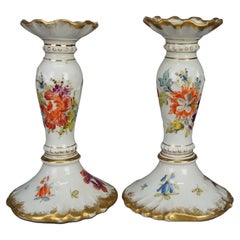 Antique German Hand Painted & Gilt Floral Porcelain Candlesticks, Berlin C1900