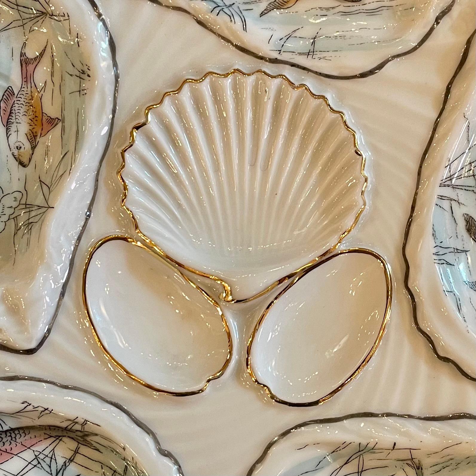 Antique German Hand-Painted Gold Porcelain Oyster Plate with Sea Life Circa 1890 In Good Condition For Sale In New Orleans, LA