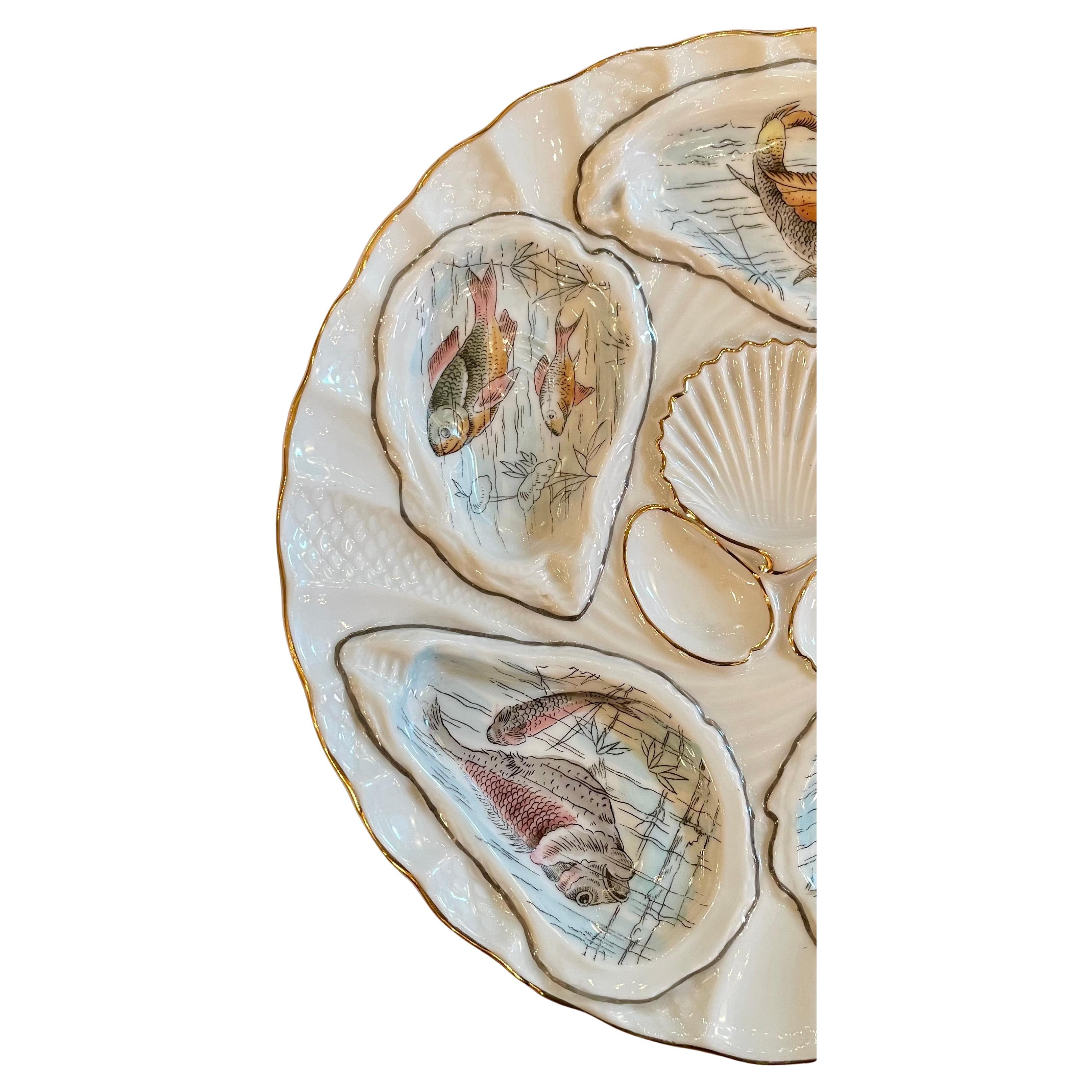 19th Century Antique German Hand-Painted Gold Porcelain Oyster Plate with Sea Life Circa 1890 For Sale