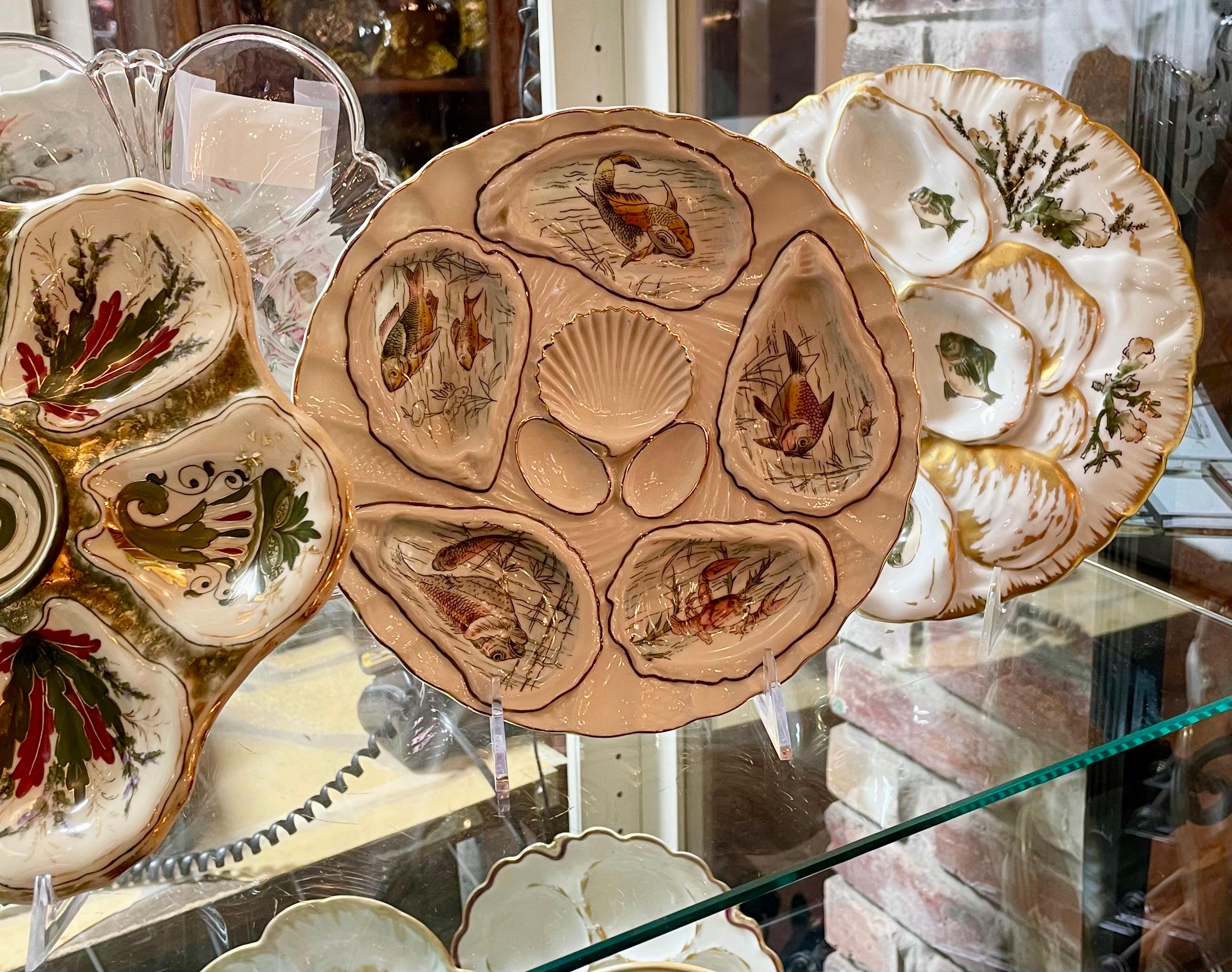 Antique German Hand-Painted Gold Porcelain Oyster Plate with Sea Life Circa 1890 For Sale 3