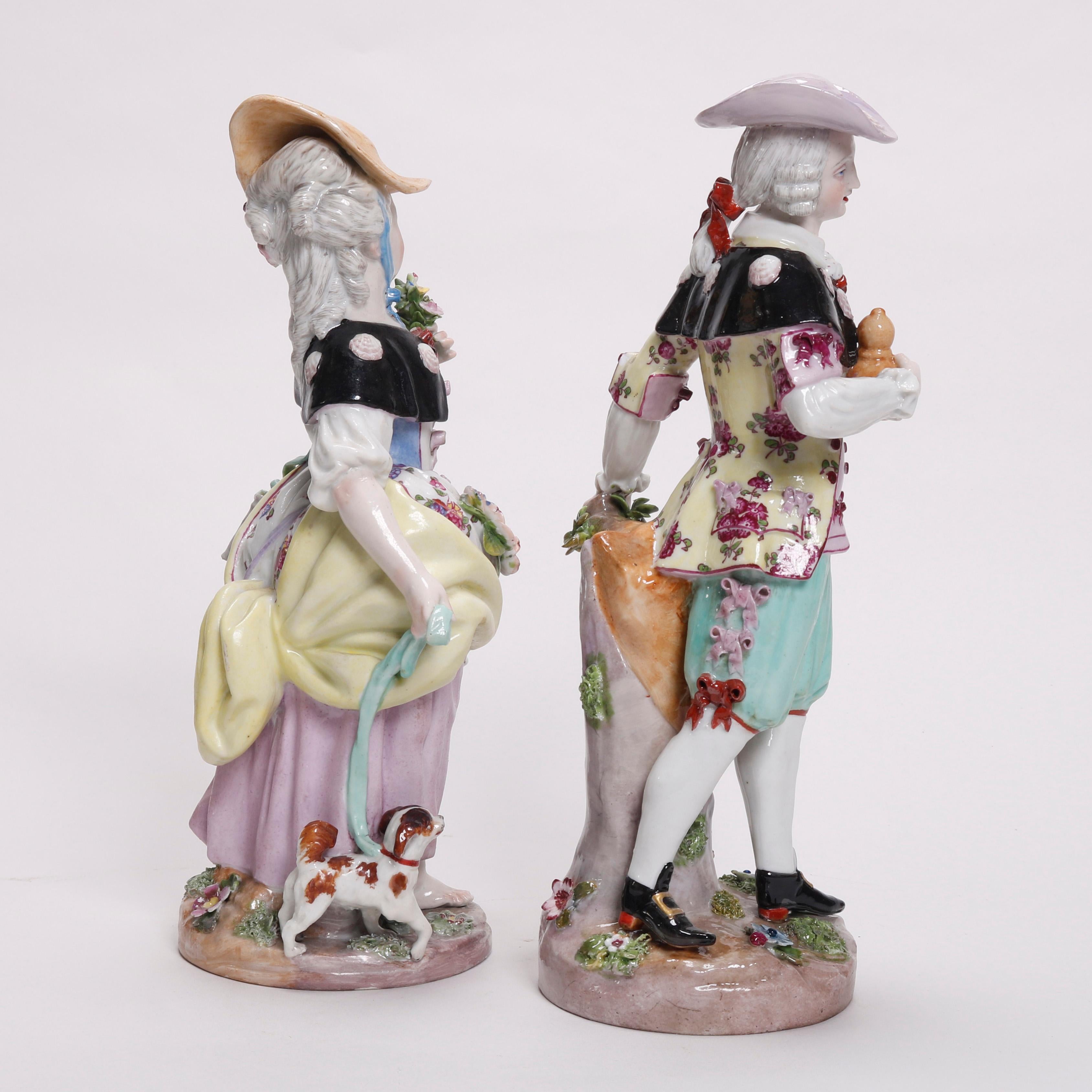 Antique German Hand Painted Meissen Porcelain Figures, Courting Couple In Good Condition In Big Flats, NY