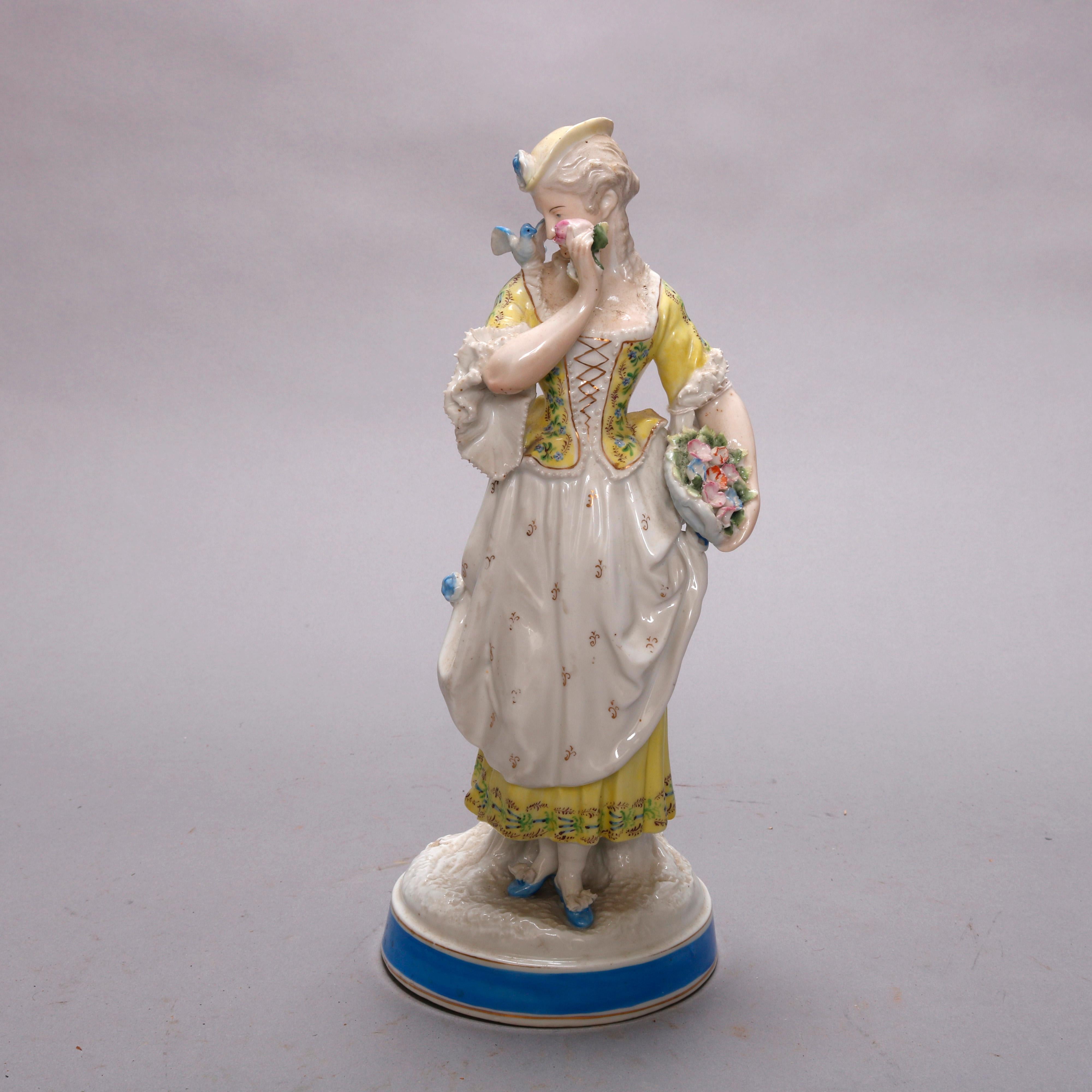 An antique German porcelain Meissen School figure depicts hand painted maiden in countryside setting, signed on base as photographed, circa 1900

 Measures: 12