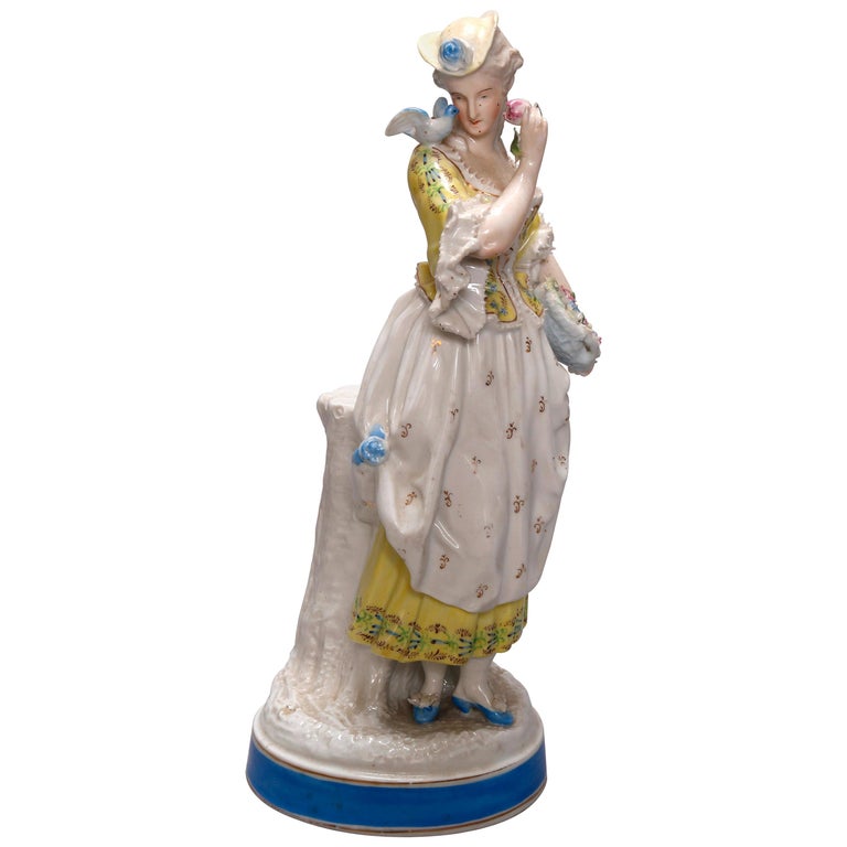 Antique German Hand Painted Meissen School Porcelain Maiden Figure, circa 1900 For Sale
