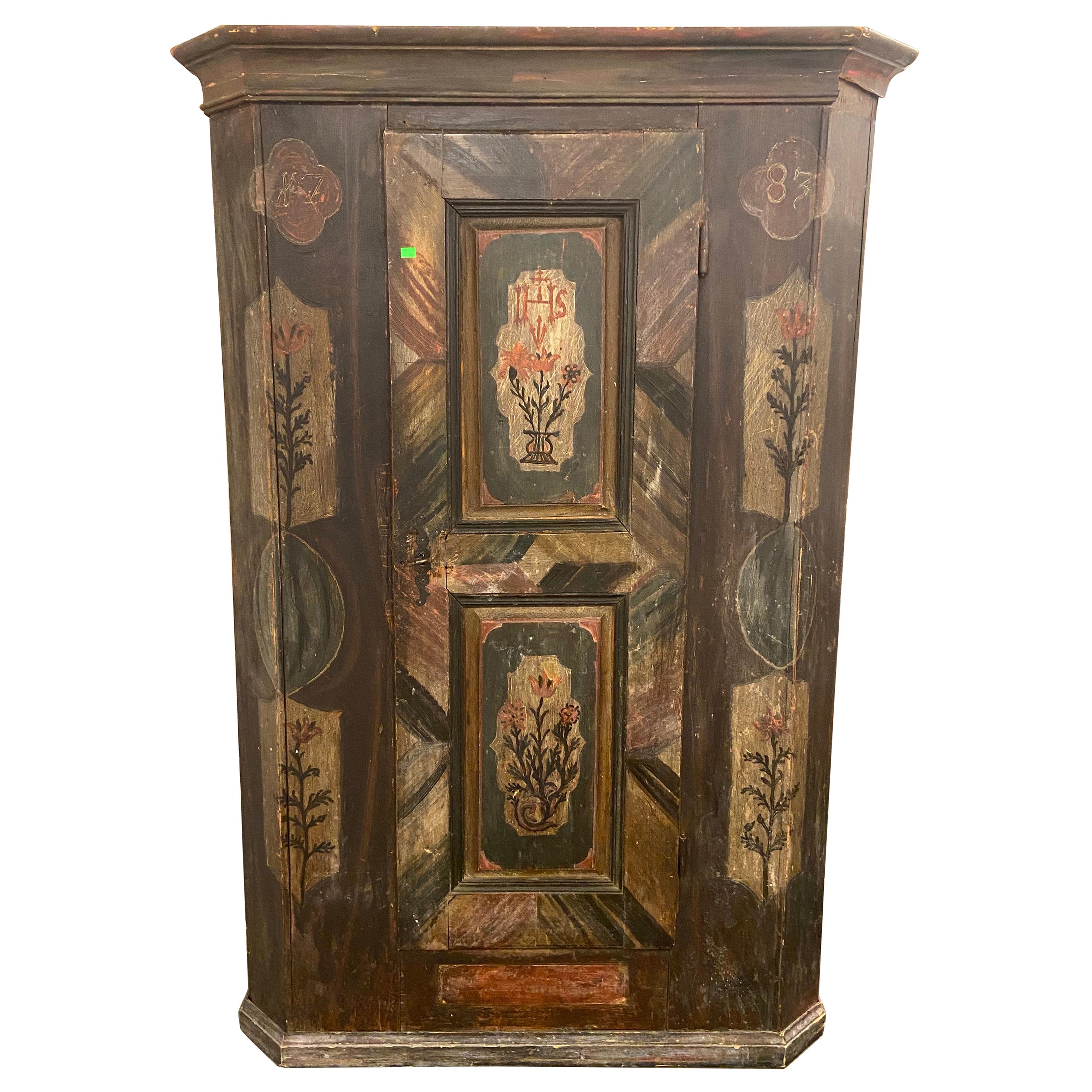Antique German Hand Painted One-Door Wardrobe Cabinet, circa 1820