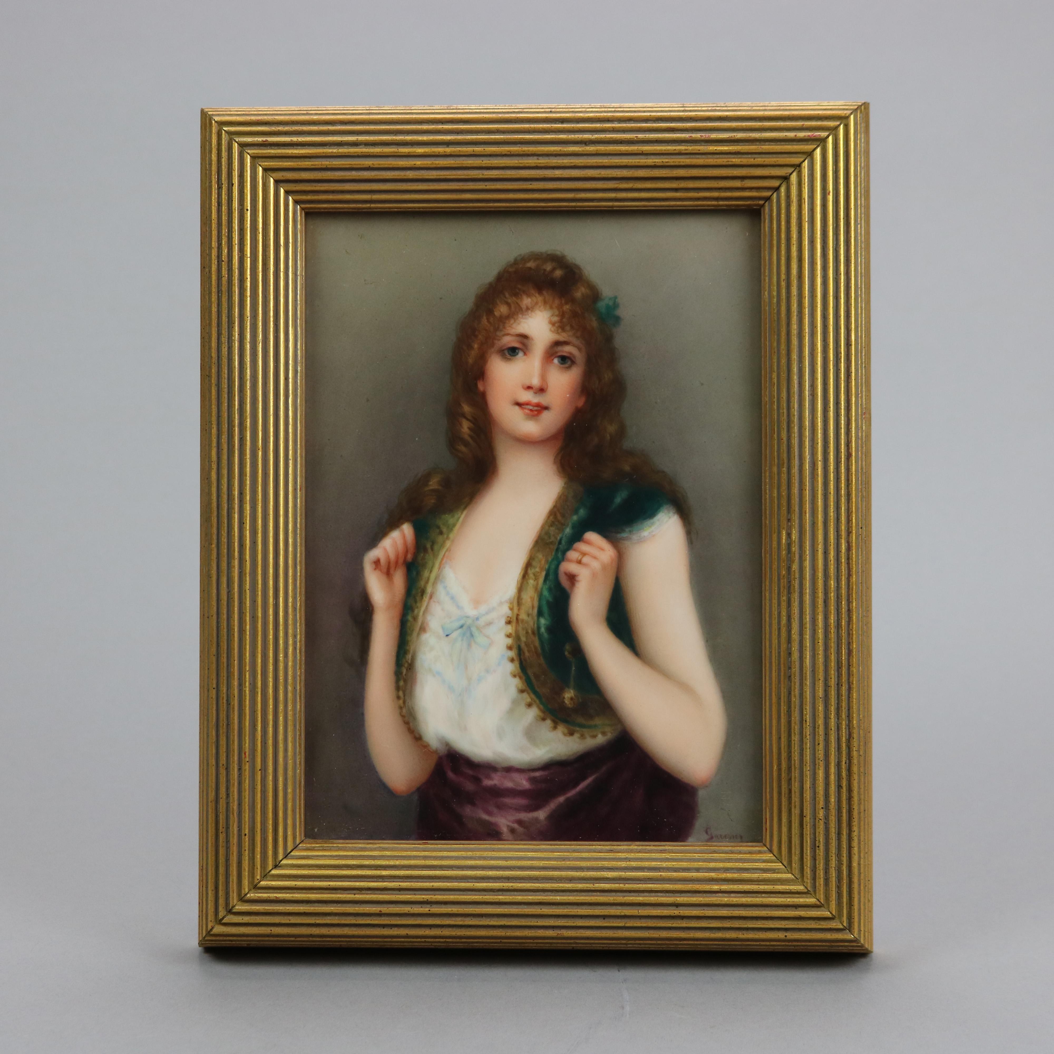 An antique German painting on porcelain offers portrait of a young woman, artist signed lower right, labeled and marked en verso as photographed, seated in reeded giltwood frame, dated 1847.

Measures - 11.25''H X 9''W X 1.75''D.

Catalogue Note: