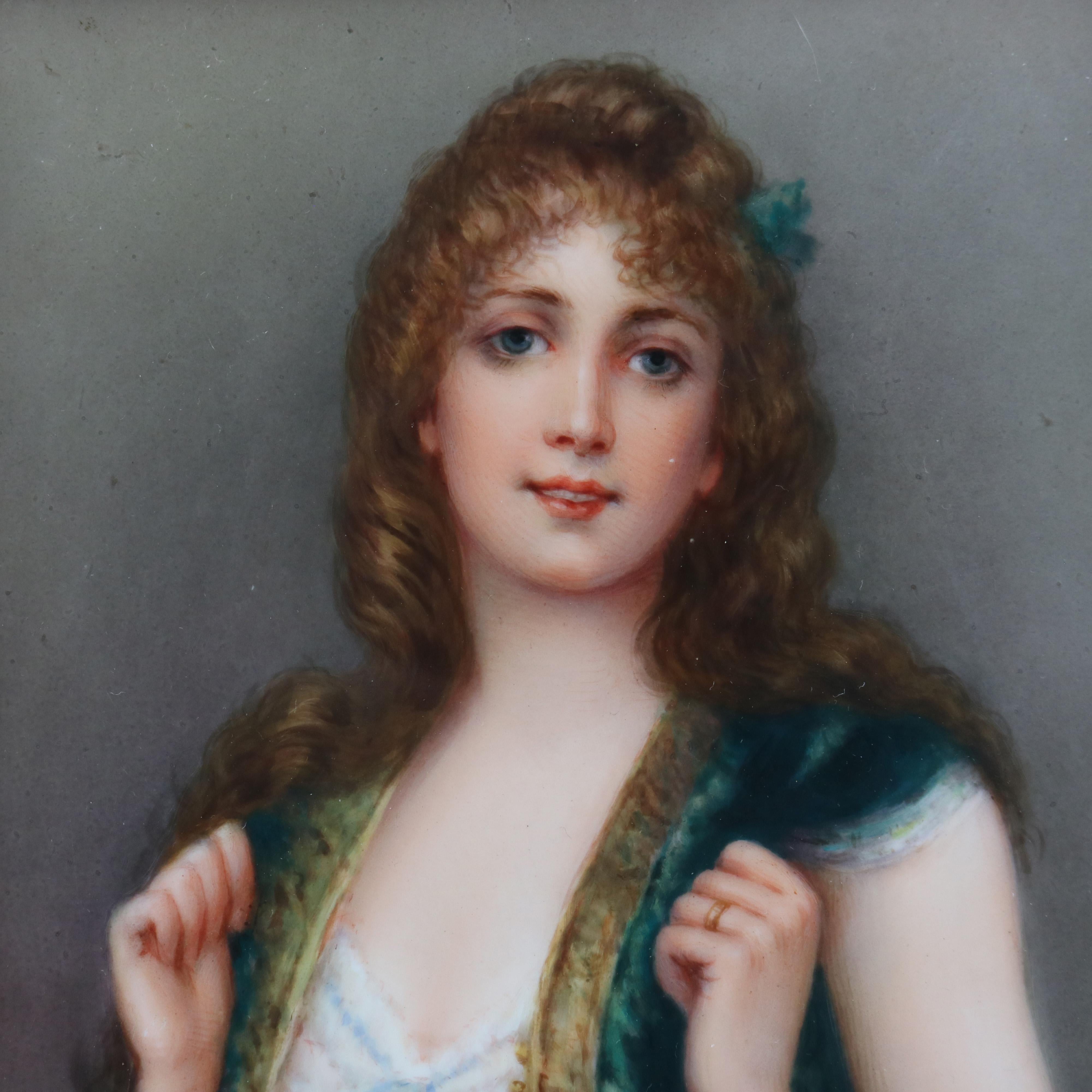 Hand-Painted Antique German Hand Painted Portrait of a Young Woman on Porcelain, Signed, 1847