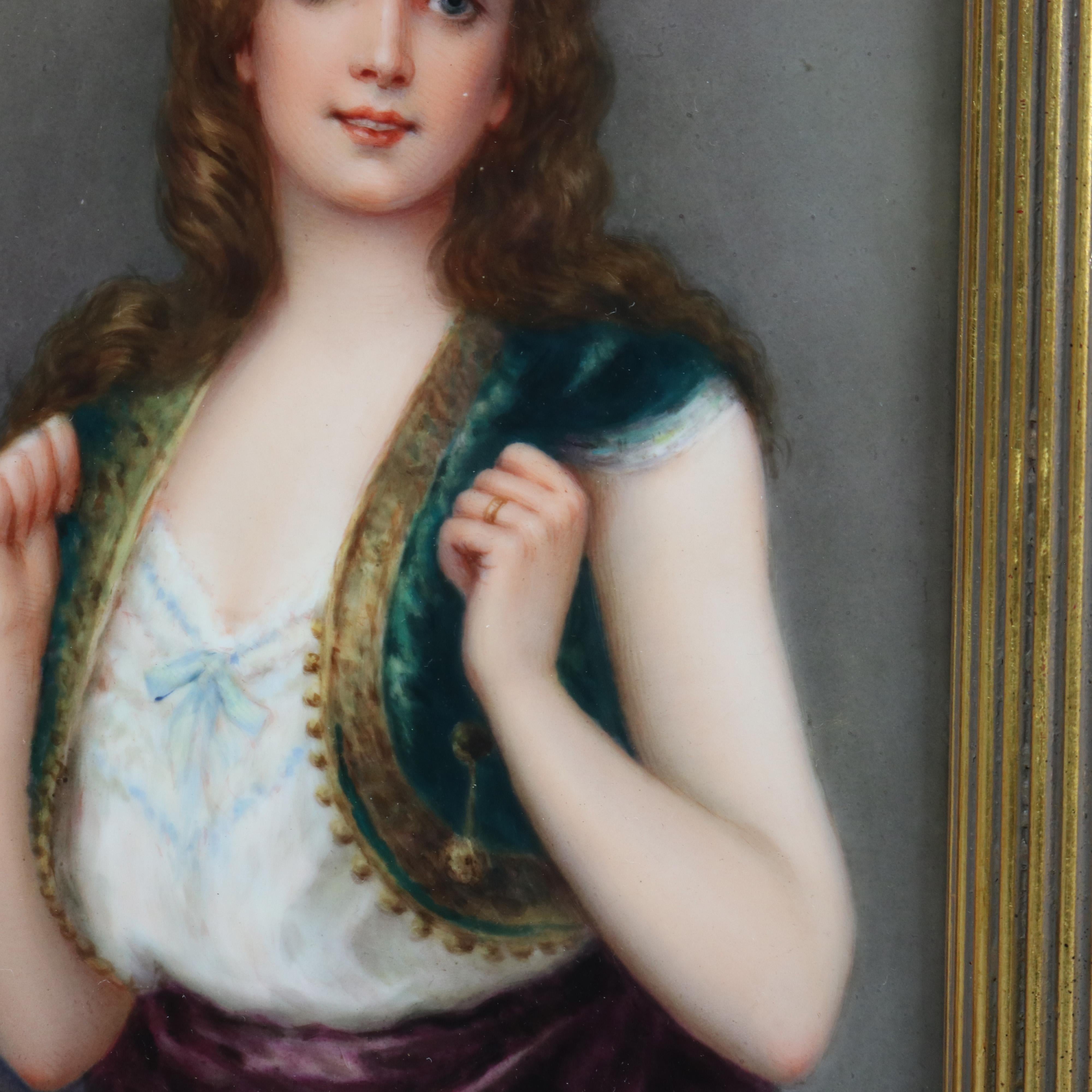 19th Century Antique German Hand Painted Portrait of a Young Woman on Porcelain, Signed, 1847