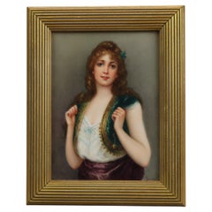 Antique German Hand Painted Portrait of a Young Woman on Porcelain, Signed, 1847