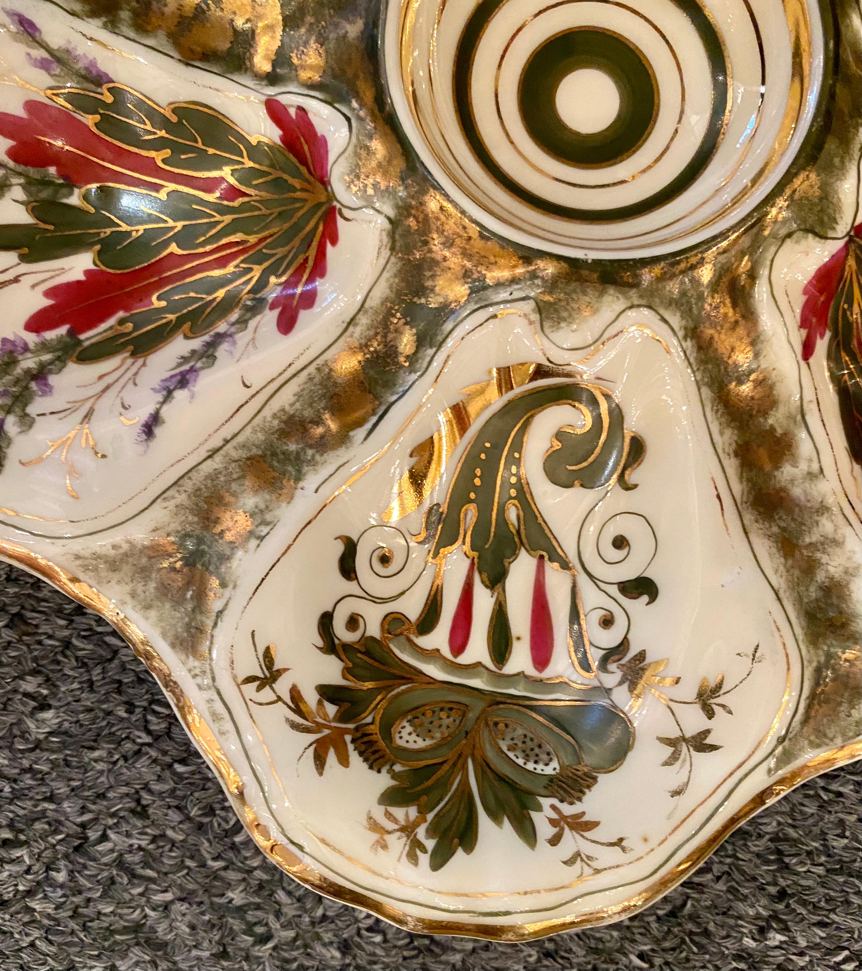 Antique German Hand Painted Red, Green & Gold Porcelain Oyster Plate, circa 1900 In Good Condition In New Orleans, LA