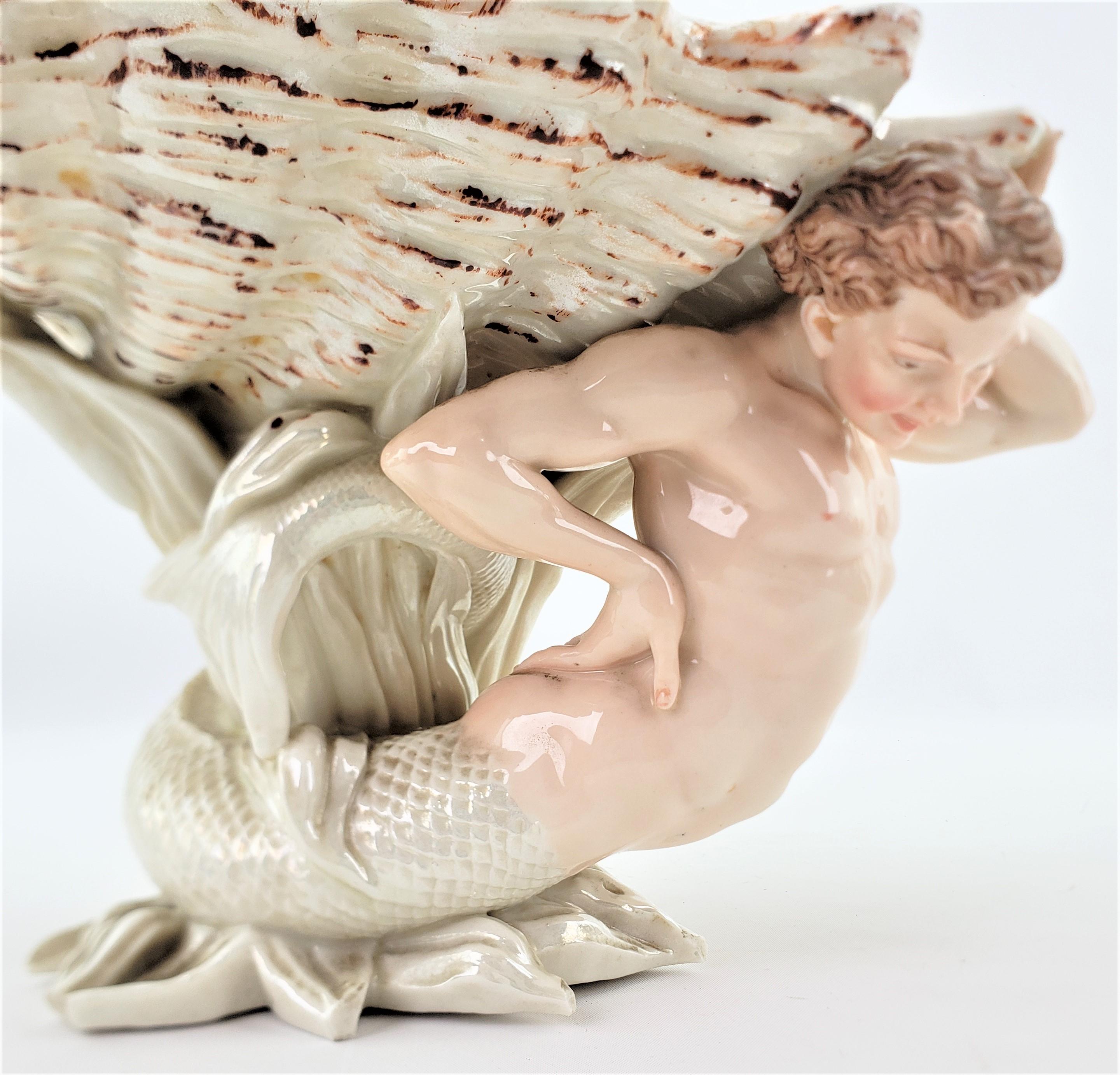 Antique German Hard Paste Porcelain Fantasy Male Mermaid Holding a Shell Bowl For Sale 6