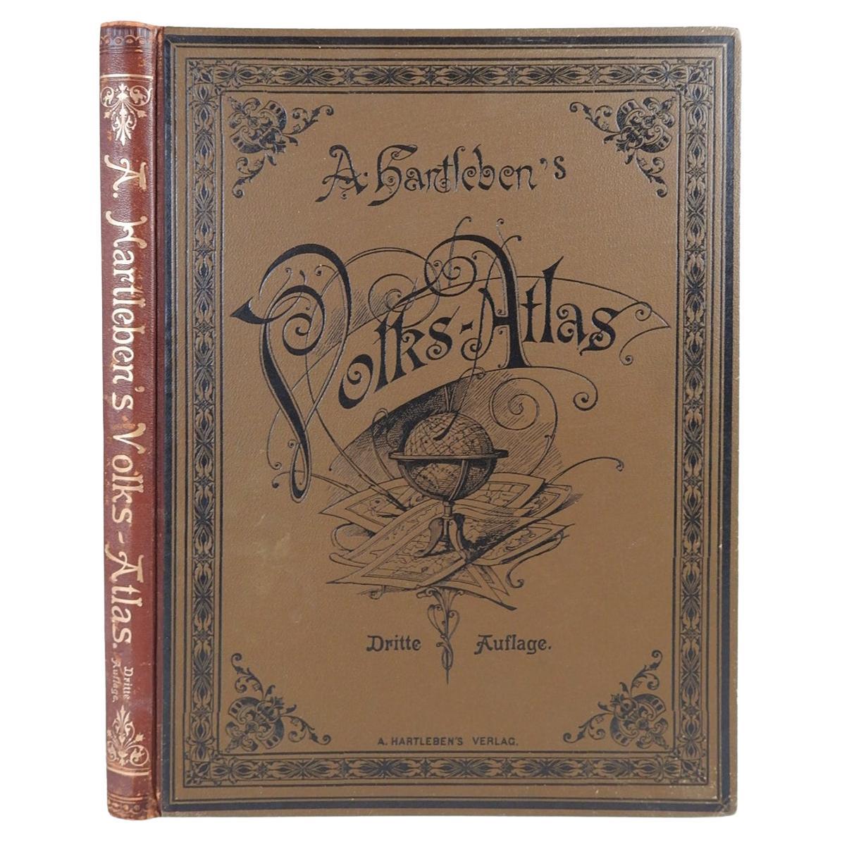 Antique German Hartleben's Volks Atlas Book World Maps For Sale