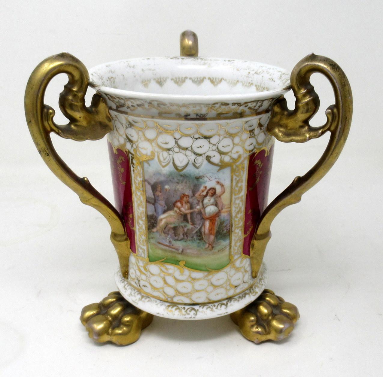 Early Victorian Antique German Helena Wolfson Dresden Three Handle Loving Cup Vase Urn 19thCent For Sale