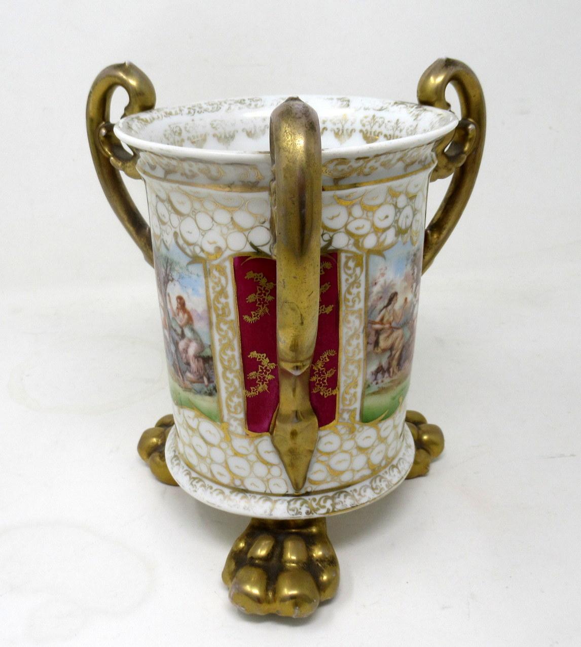 Antique German Helena Wolfson Dresden Three Handle Loving Cup Vase Urn 19thCent In Good Condition For Sale In Dublin, Ireland