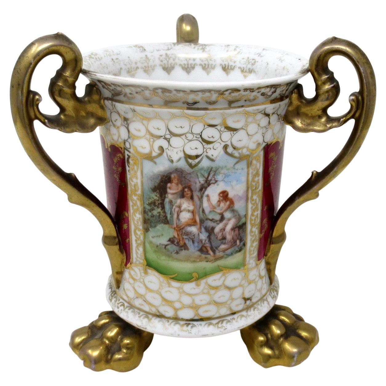 Antique German Helena Wolfson Dresden Three Handle Loving Cup Vase Urn 19thCent For Sale