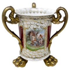 Antique German Helena Wolfson Dresden Three Handle Loving Cup Vase Urn 19thCent