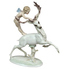 Antique German Hutschenreuther Porcelain Figure, Nymph & Elk, circa 1900