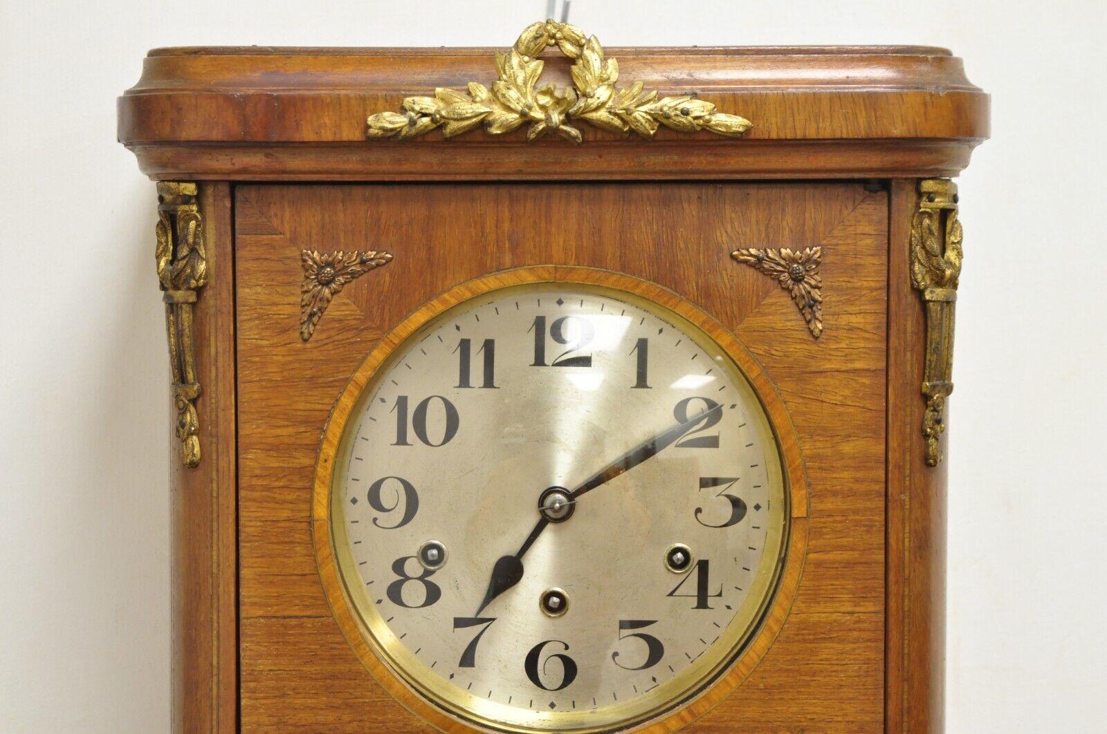 French Provincial Antique German Inlaid French Style Box Wall Clock 8 Day with Westminster Chime For Sale