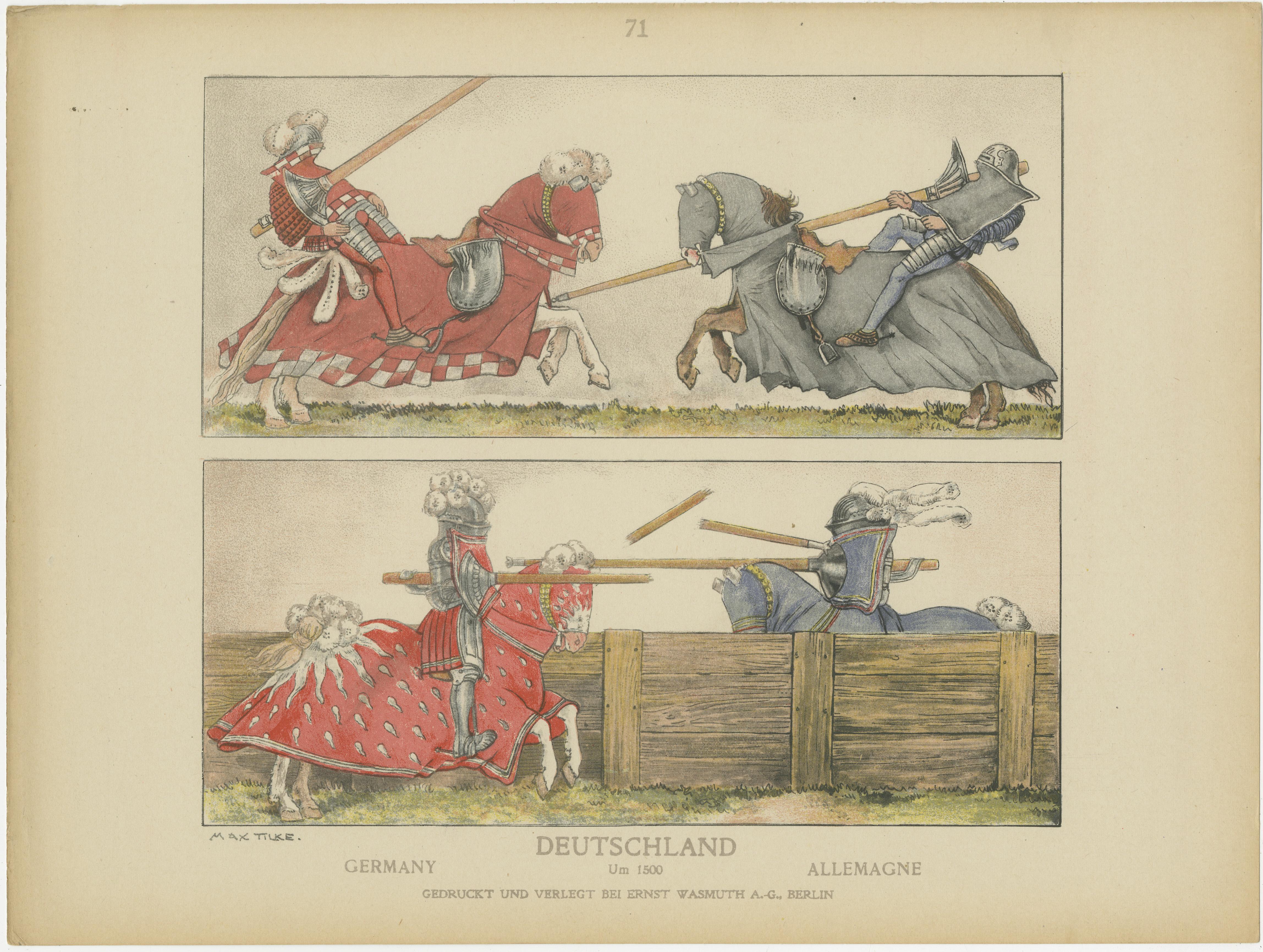 Antique German Jousting Knights Plate c.1500, Hand-Colored Print, Published 1880